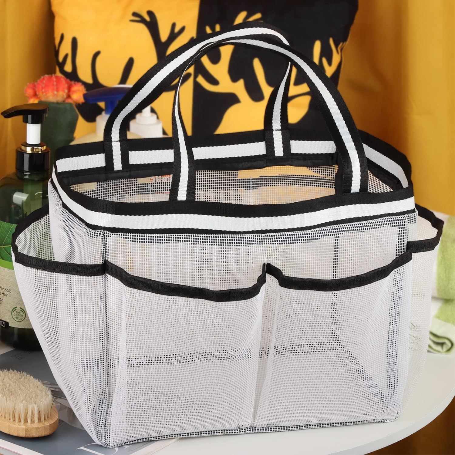 Bolsa de malla XL para ducha, grande, portátil, para dormitorio, gimnasio, campamento, baño, color blanco