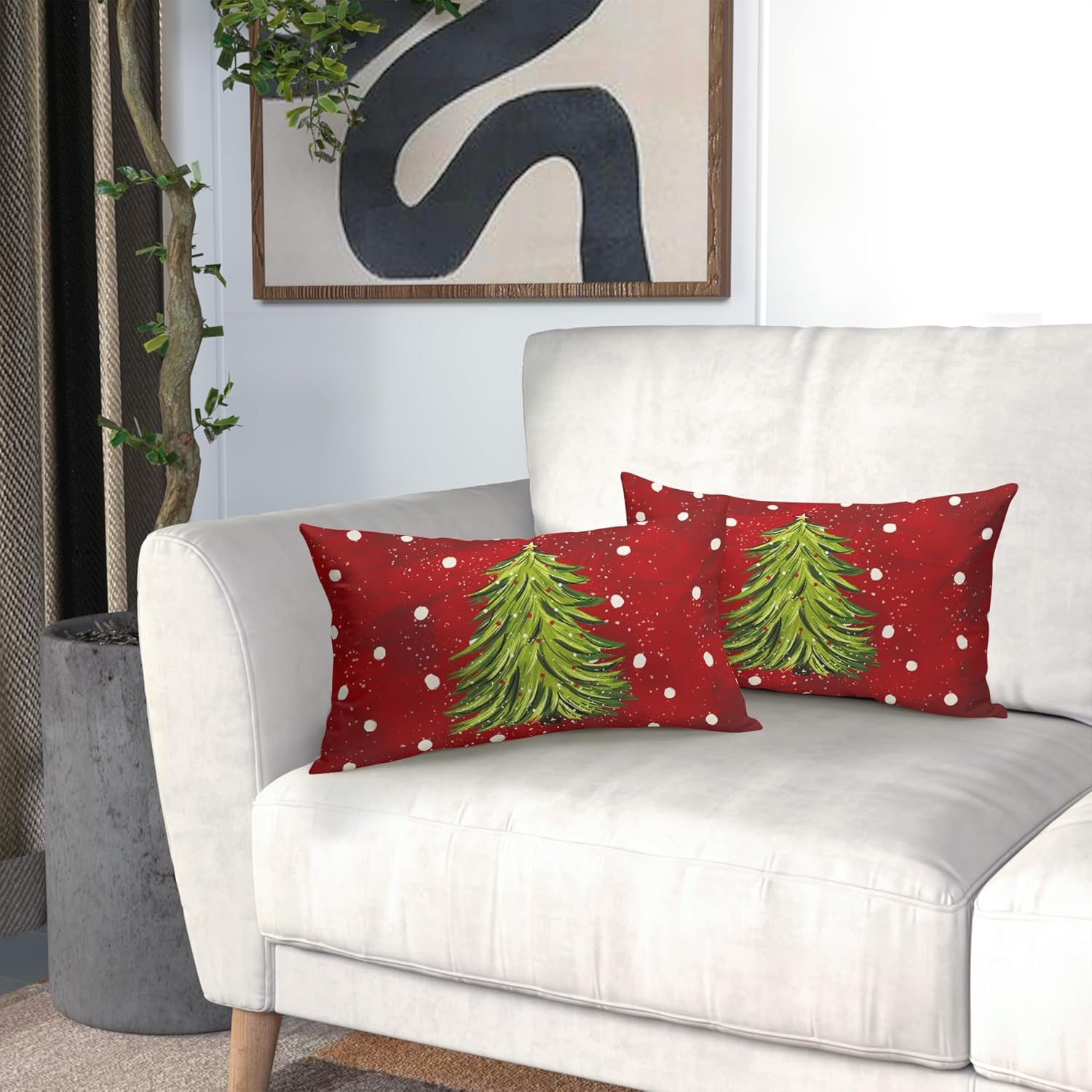 Juego de 2 fundas de almohada lumbares rojas de Navidad de 12 x 20 pulgadas, fundas de almohada rectangulares de árbol de acuarela de Navidad,