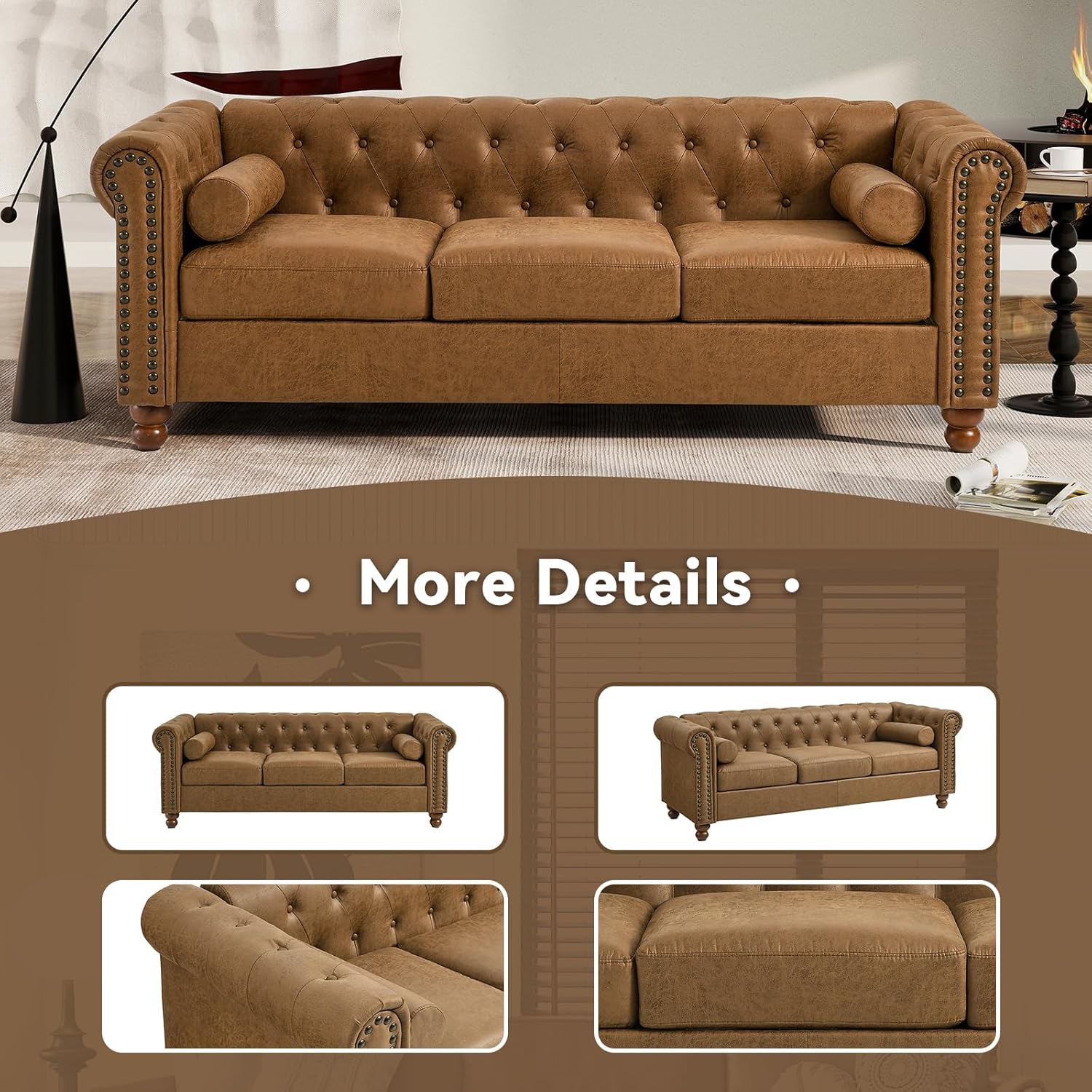 Chesterfield – Sofá clásico grande de tela moderna de 3 plazas con botones capitoné con brazos enrollados y cabeza de clavo para sala de estar,