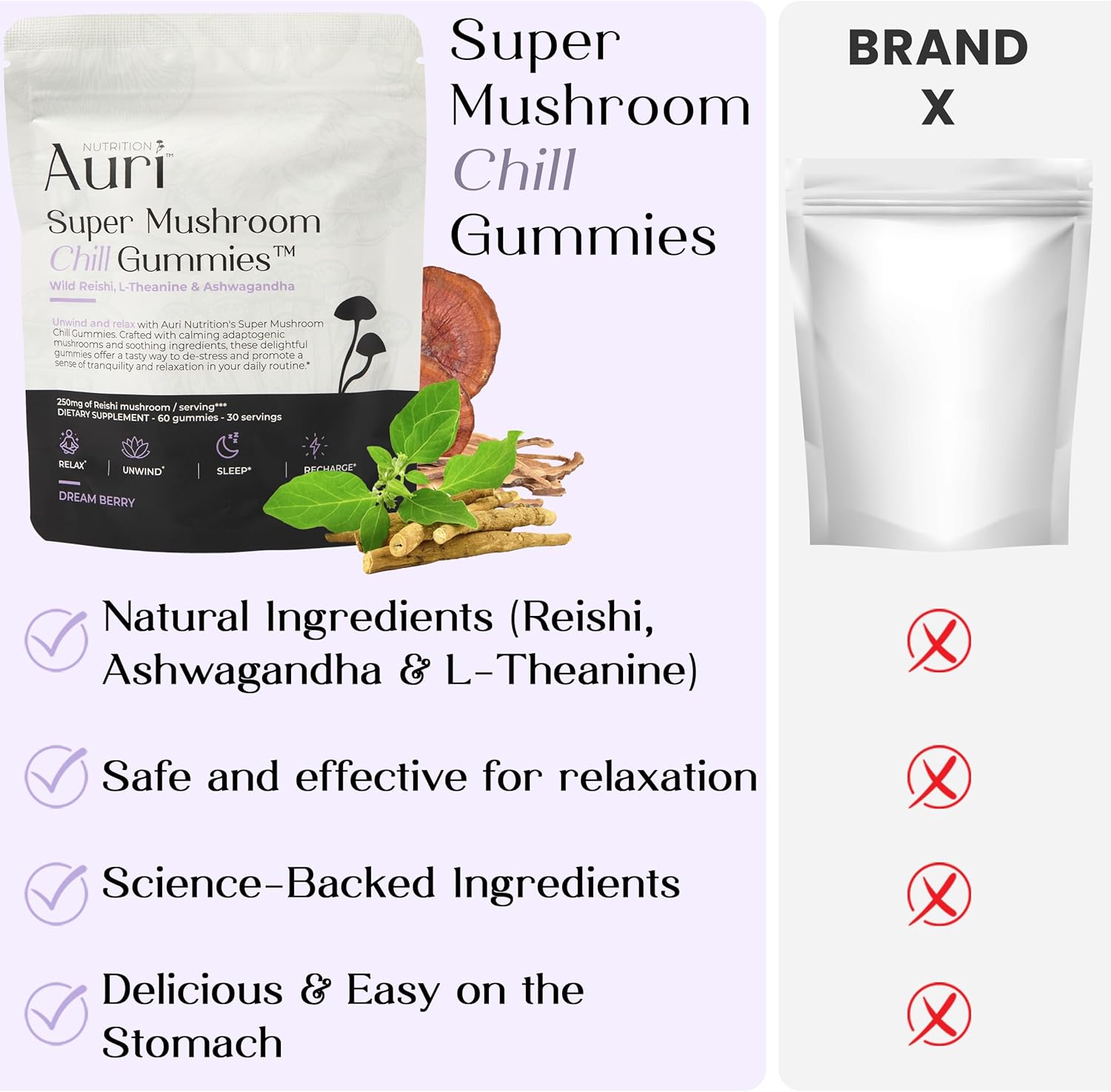 Auri Gomitas Super Mushroom Chill  Ayuda calmante natural y suplemento de reducción del estrés para adultos con hongo Reishi, Ashwagandha, L-teanina