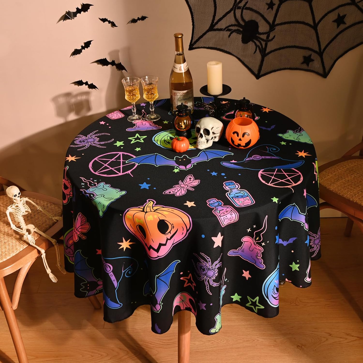 Alishomtll Mantel redondo fluorescente de Halloween de 60 pulgadas, mantel redondo para pedir dulce o truco, mantel impermeable con calabazas,