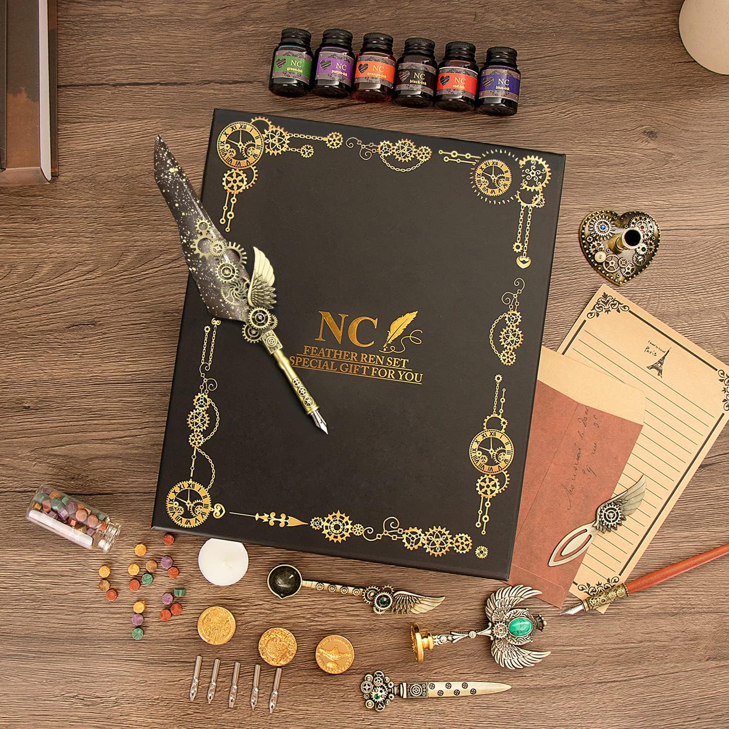 NC Juego de bolígrafo y tinta, juego de tinta de plumas, juego de sellos de cera, juego de bolígrafos de caligrafía de plumas, regalo del día de San