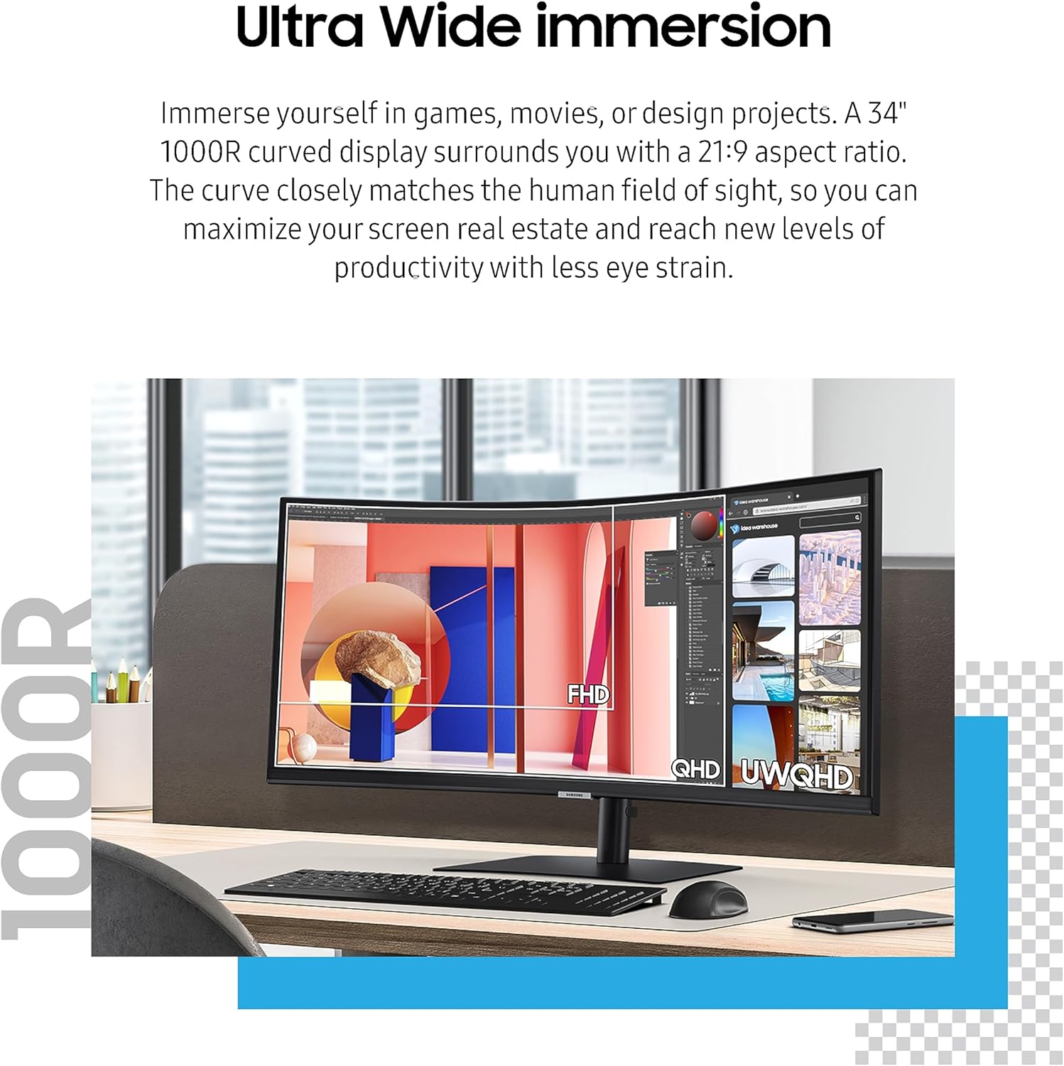 SAMSUNG Monitor curvo QHD de 34 pulgadas ViewFinity serie S65VC, cámara FHD integrada, HDR10, 100Hz, 350 nit, USB- C, soporte ajustable, cuidado