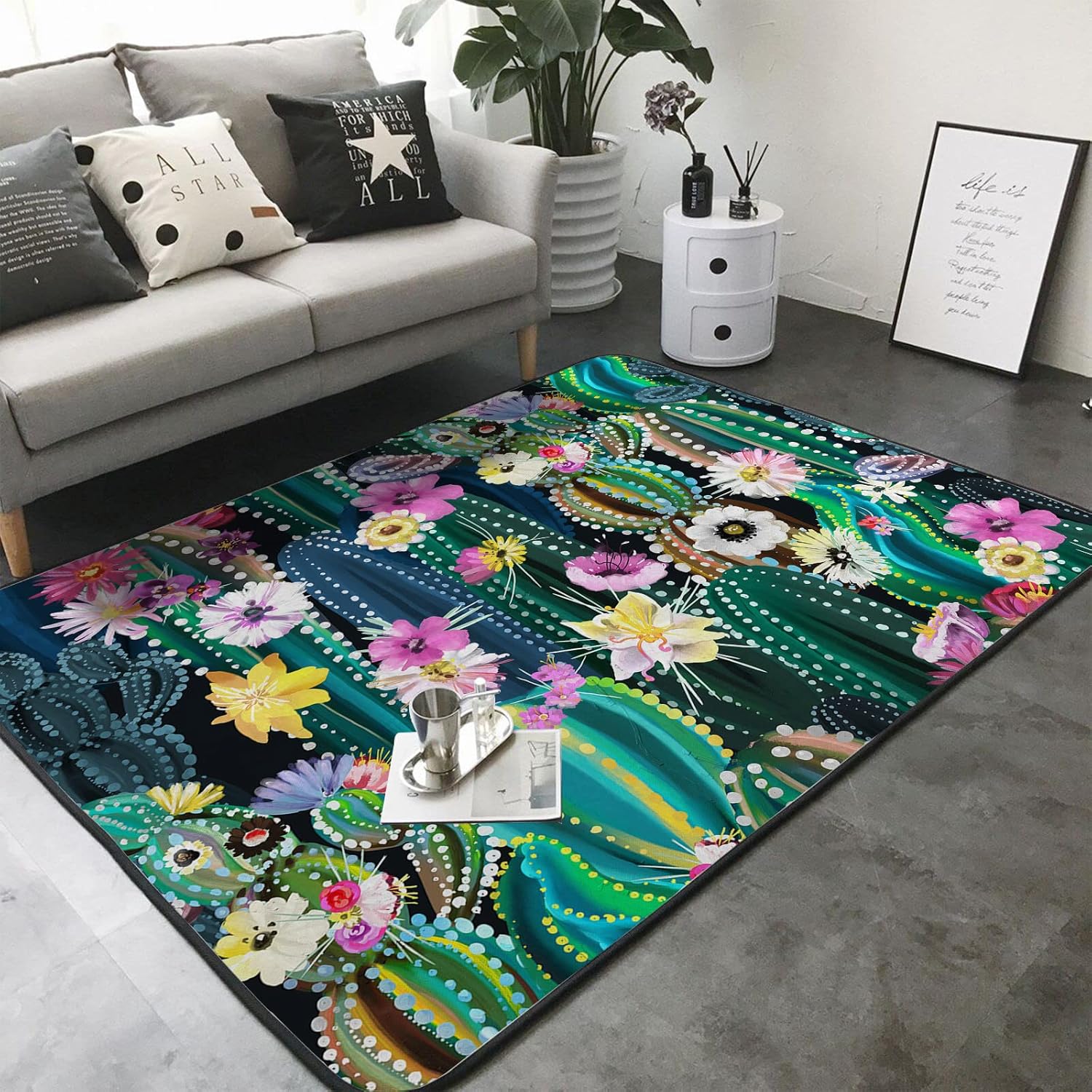 Tapete de esponja lavable para niñas, niños, dormitorio, sala de estar, acuarela, cactus, flores, plantas tropicales, suculentas, antideslizante,
