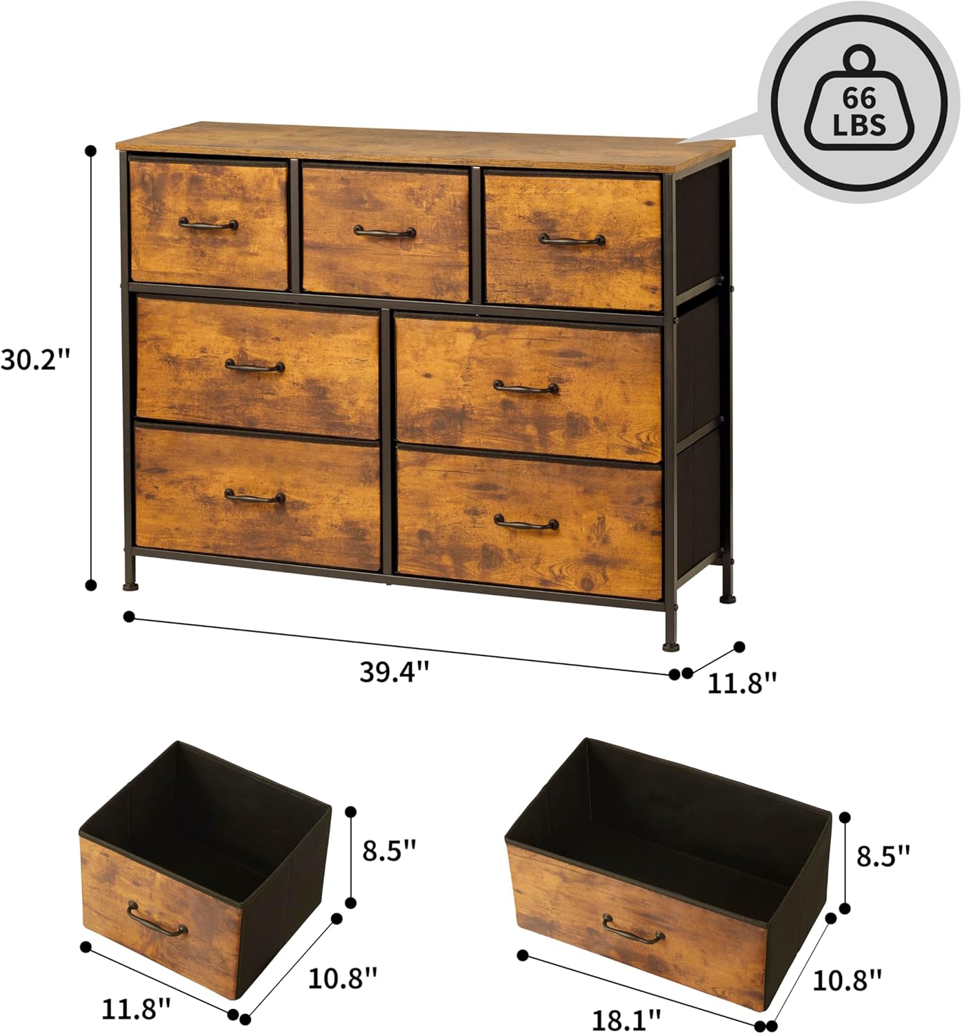 LunarLight Cómoda de 7 cajones, organizador alto de almacenamiento con parte superior de madera, soporte de TV, organizador de armario, cómoda