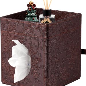 Funda para caja de pañuelos, soporte cuadrado de piel sintética con bandeja de almacenamiento superior para bañoencimeramesita de nochemesa de Funda para caja de pañuelos, soporte cuadrado de piel sintética con bandeja de almacenamiento superior para bañoencimeramesita de nochemesa de