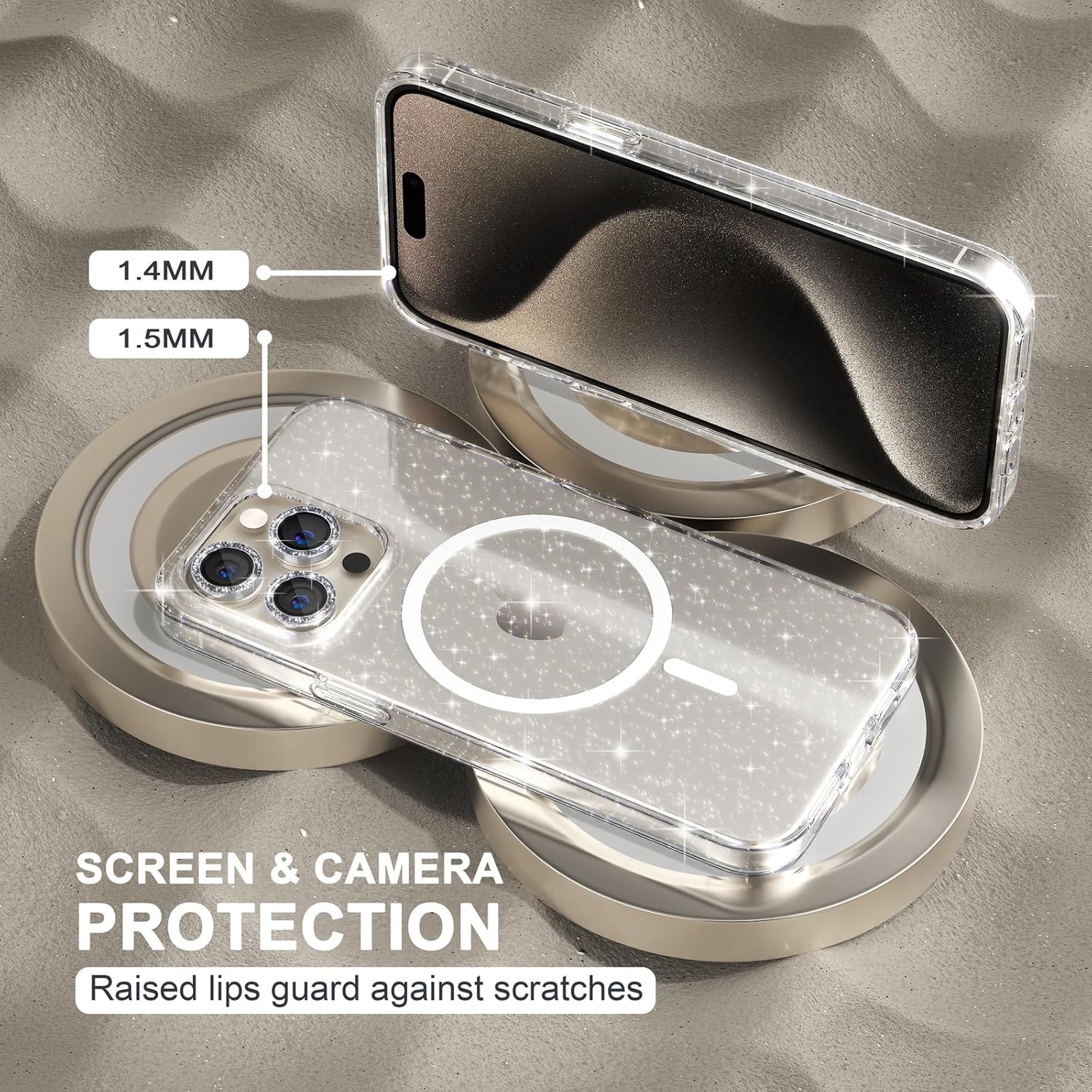 Choiche Funda magnética para iPhone 15 Pro Max, funda transparente con purpurina brillante para mujer, 3 protectores de lente de cámara de diamante