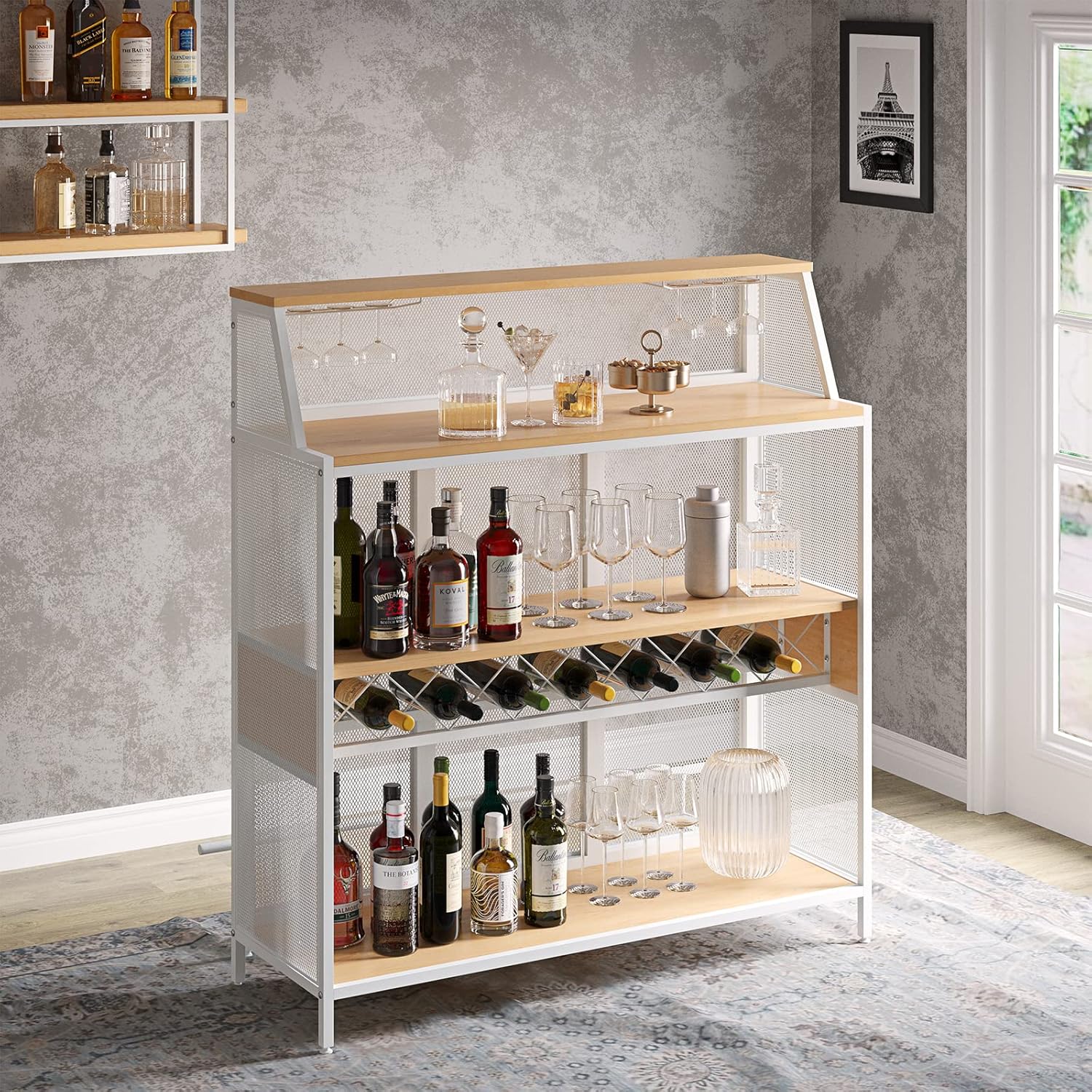 REHOOPEX Armario de bar, barra industrial de 4 niveles de 51 pulgadas, gabinete de licor de granja con reposapiés, gabinete de bar de madera,
