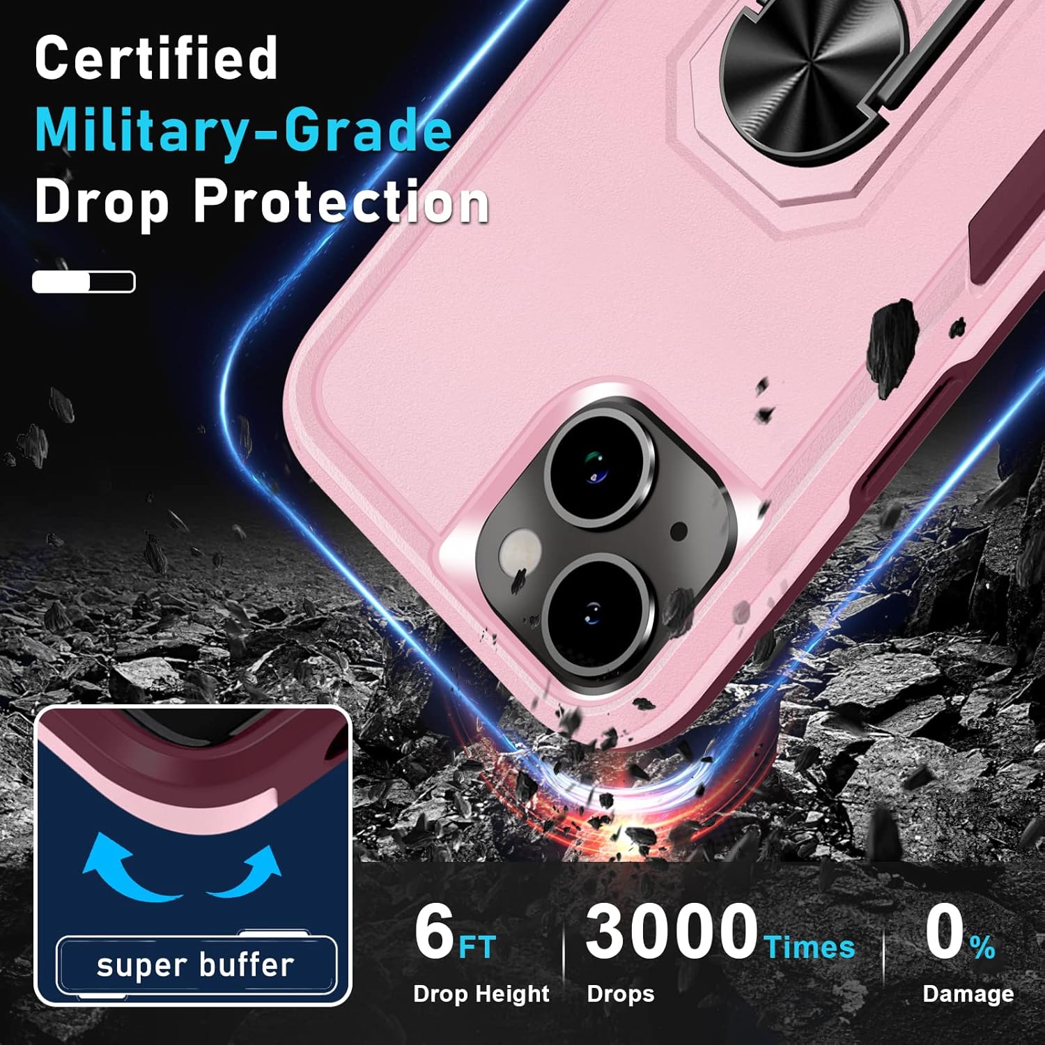 Janmitta Funda de metal con soporte para iPhone 14, con protector de pantalla de vidrio templado paquete de 2, resistente a prueba de golpes, funda