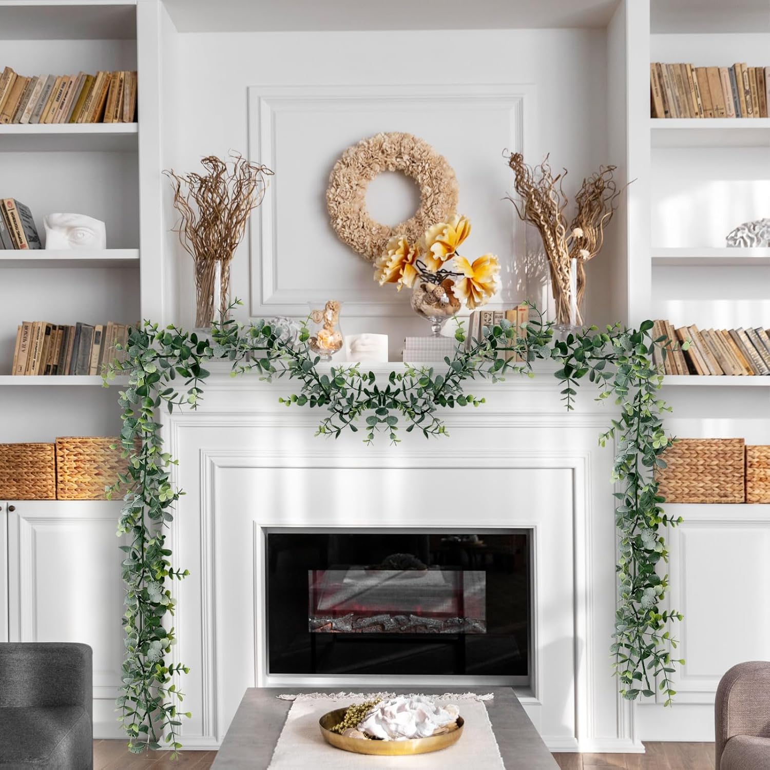 SUNFICON Paquete de 4 guirnaldas de hojas de eucalipto artificiales para colgar en primavera, eucalipto, decoración floral falsa, boda, ceremonia,