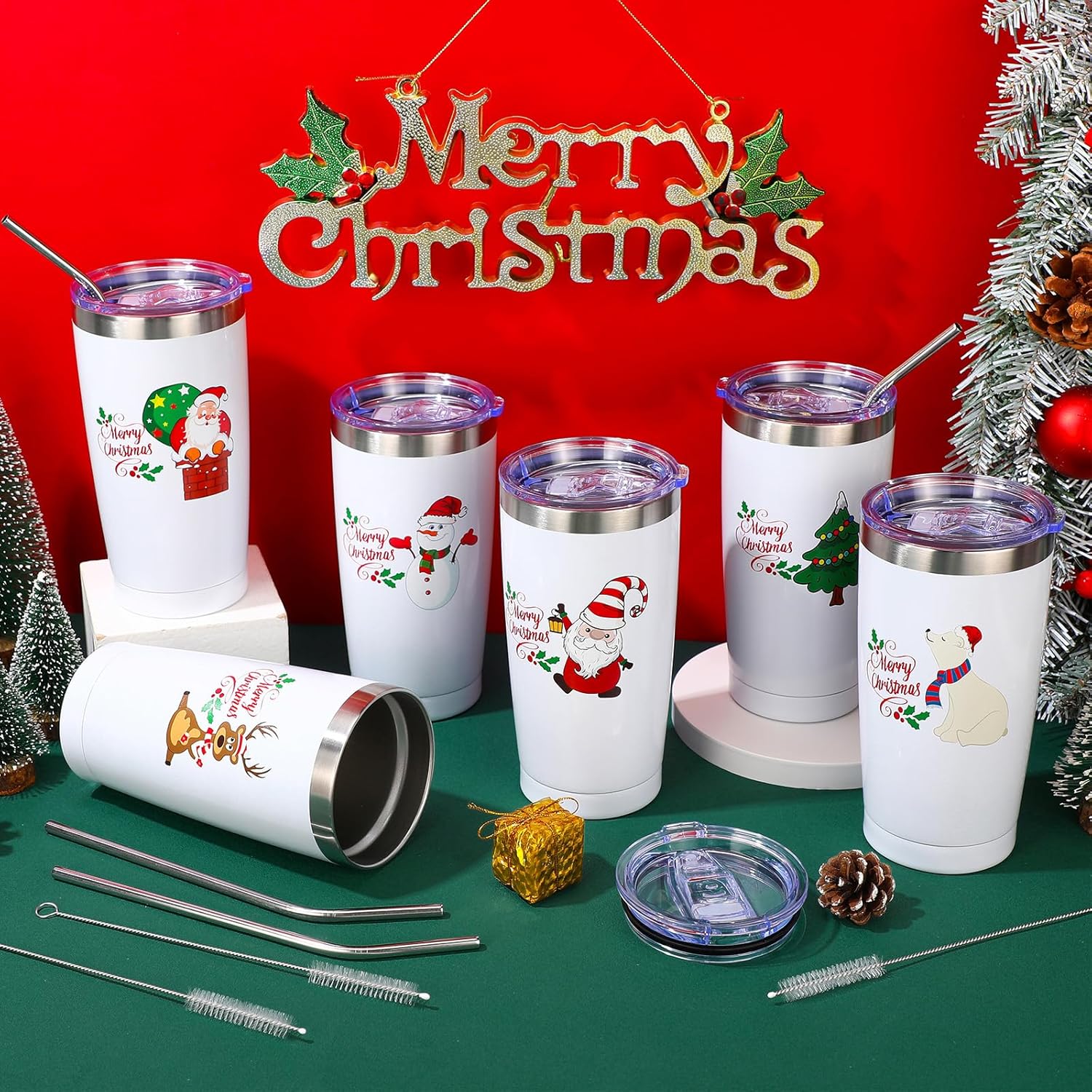 Suttmin Regalos de Navidad para empleados compañeros de trabajo, juego de 6 vasos de Navidad de 20 onzas, taza de Navidad aislada con tapas y