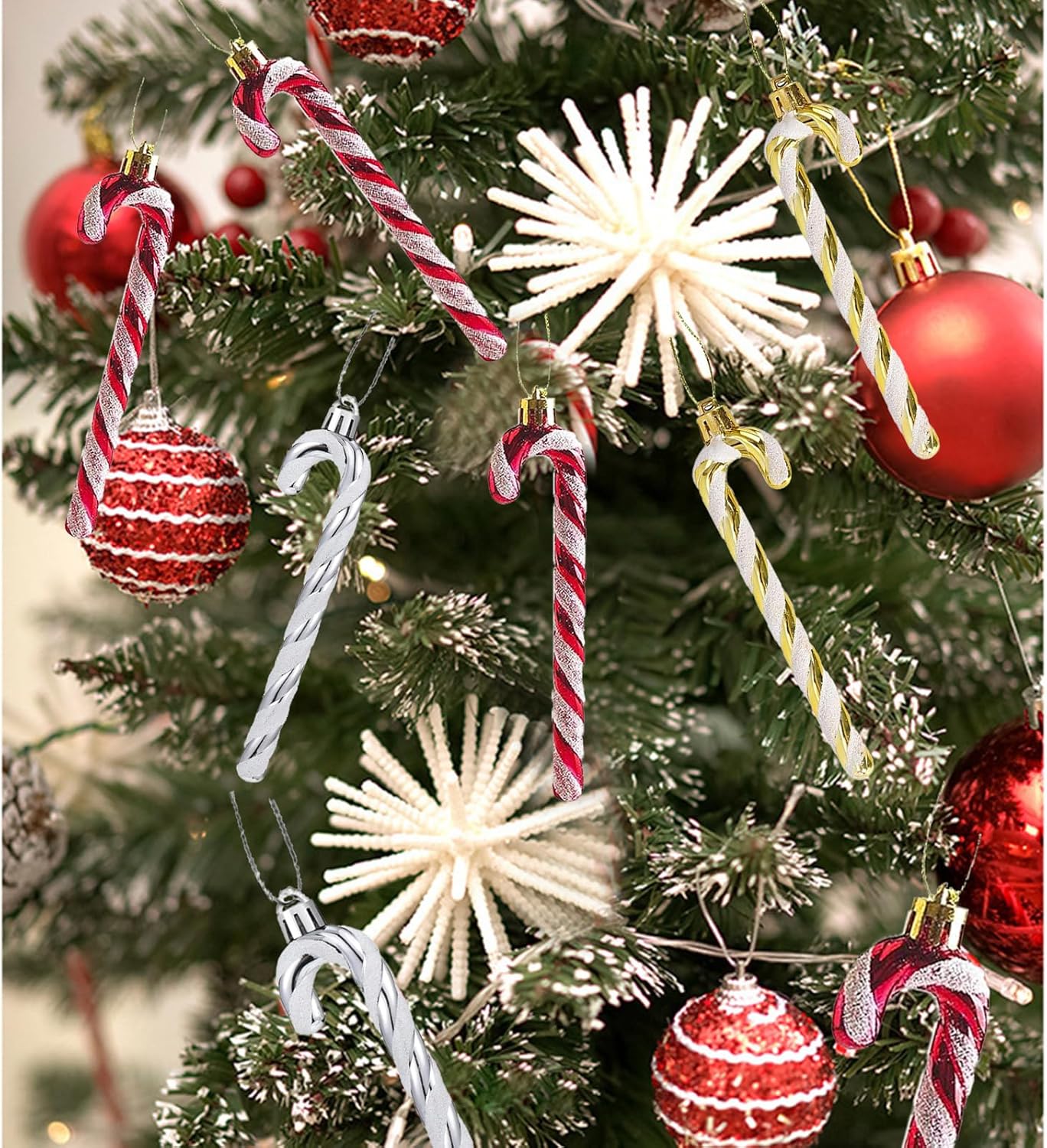 12 adornos de bastón de caramelo con purpurina de plástico para decoración de árbol de Navidad, decoraciones colgantes para manualidades de Navidad,