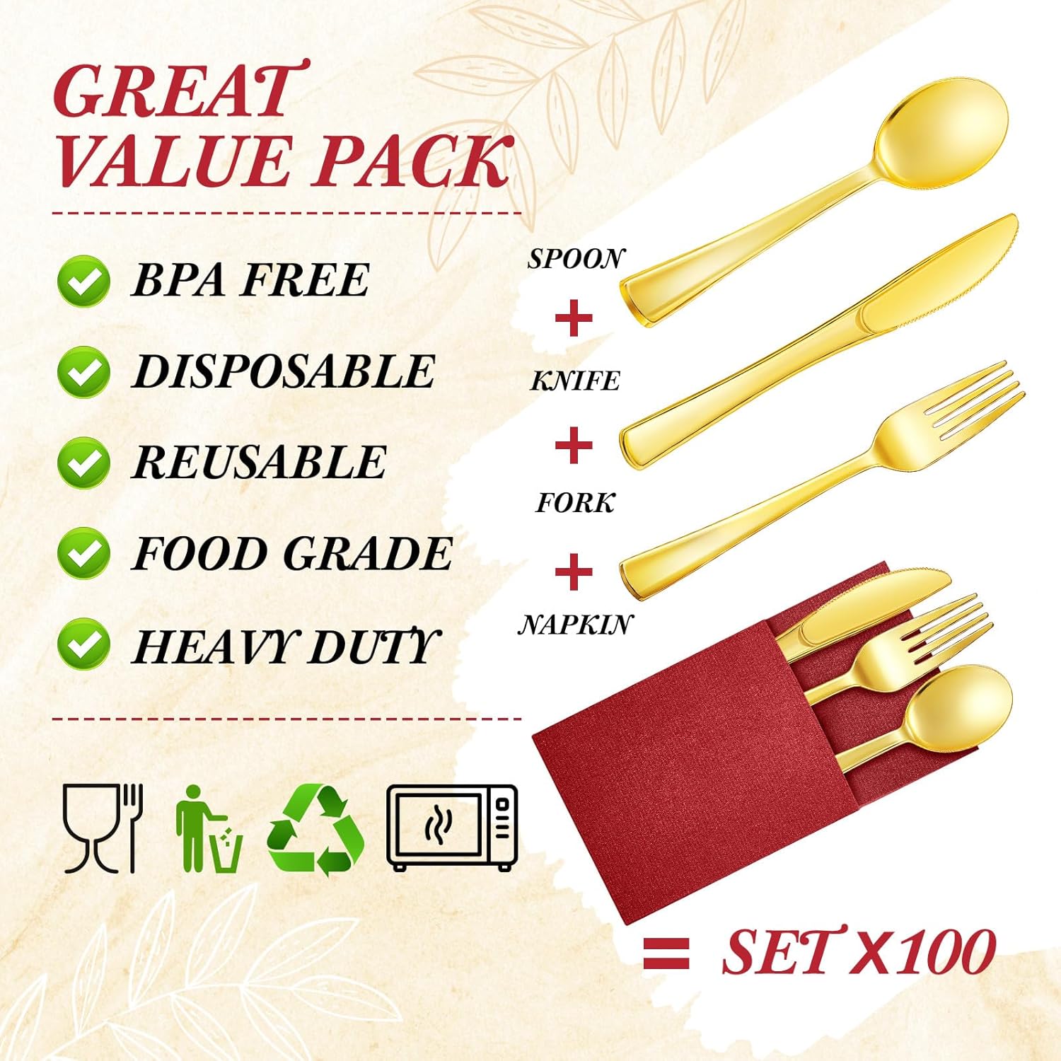 Juego de 100 cubiertos de plástico dorado con bolsillo integrado para cubiertos, desechables, 100 tenedores, cucharas, cuchillos y 100 servilletas