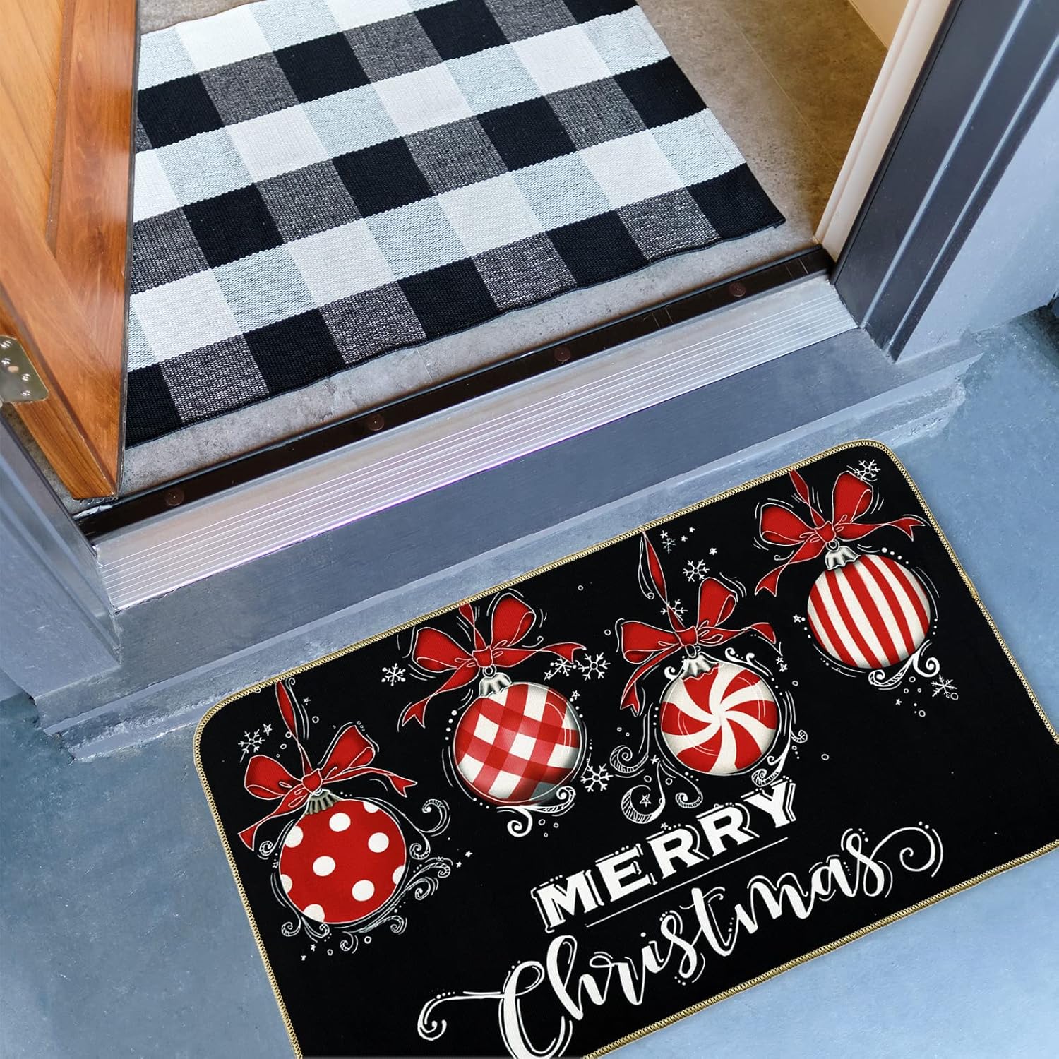 AnyDesign Tapete de puerta de Navidad negro y rojo con parte trasera de goma antideslizante, para interiores y exteriores, para decoración de hogar,