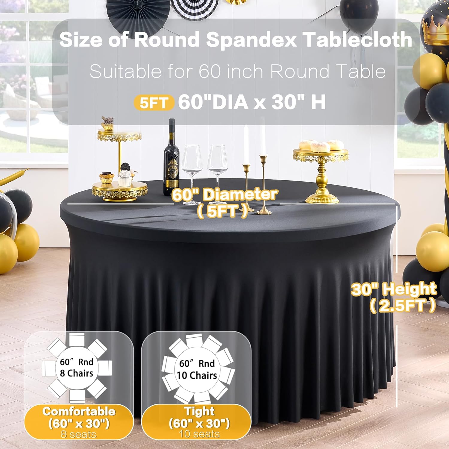 Paquete de 8 manteles redondos negros de elastano para mesa de 60 pulgadas, manteles redondos de 120 pulgadas elásticos de 5 pies, mantel sin