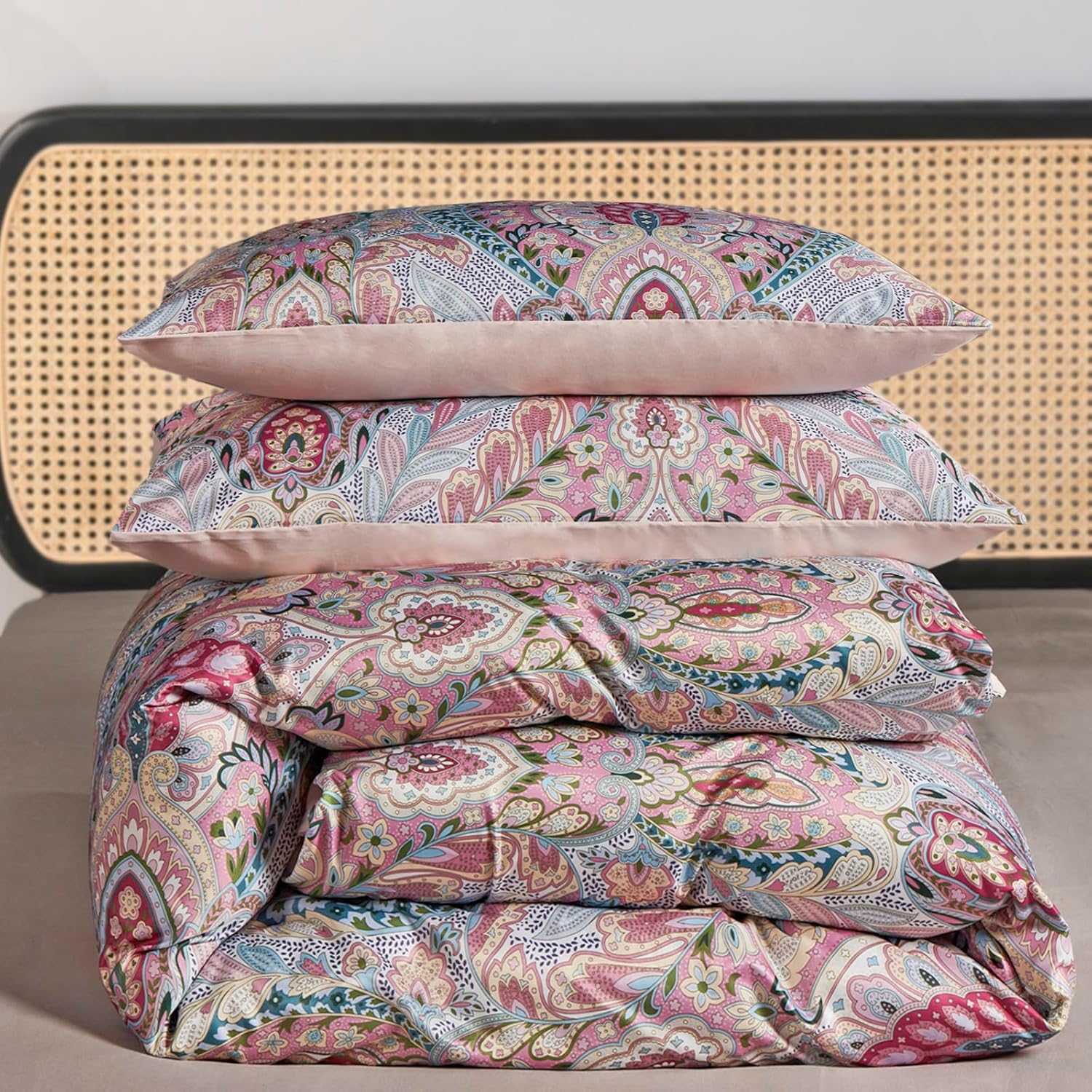 Jemiipee Juego de edredón de cachemira rosa, juego de ropa de cama de 3 piezas, lujoso, suave, bohemio, floral, tamaño King, juego de edredón