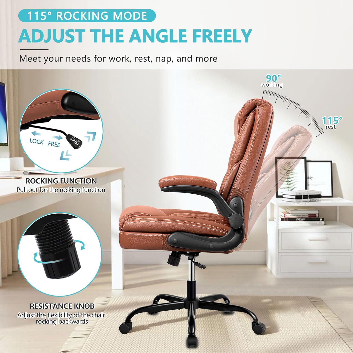 Silla de oficina, silla ejecutiva de cuero, sillas de escritorio de oficina en casa, silla ergonómica de escritorio para computadora con brazos