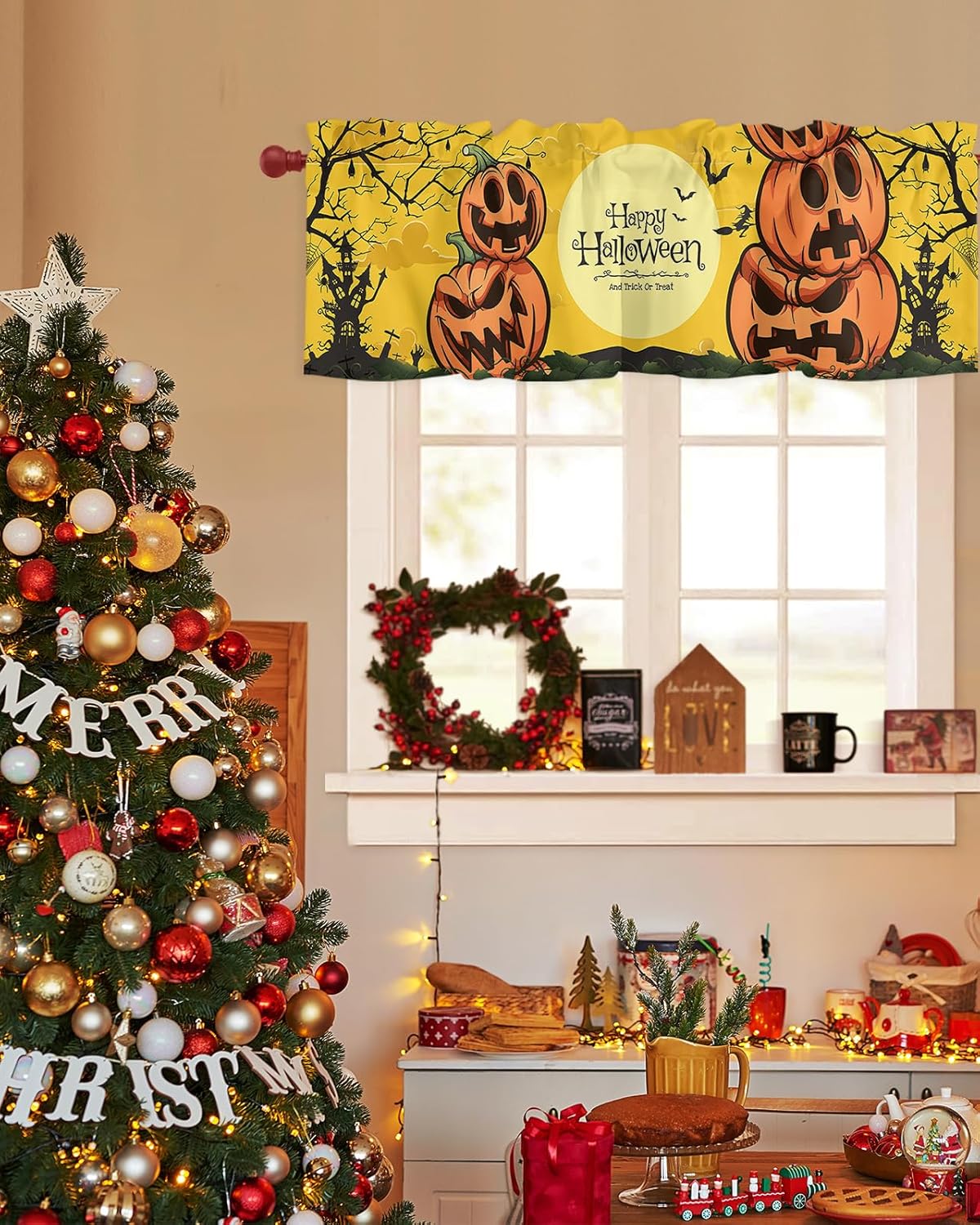 Window Valance Curtain for Kitchen, Halloween Pumpkin Bat Branch Castle Moon 42″x12″ Rod Pocket Window Treatment Valance Privacy Toppers Drape for