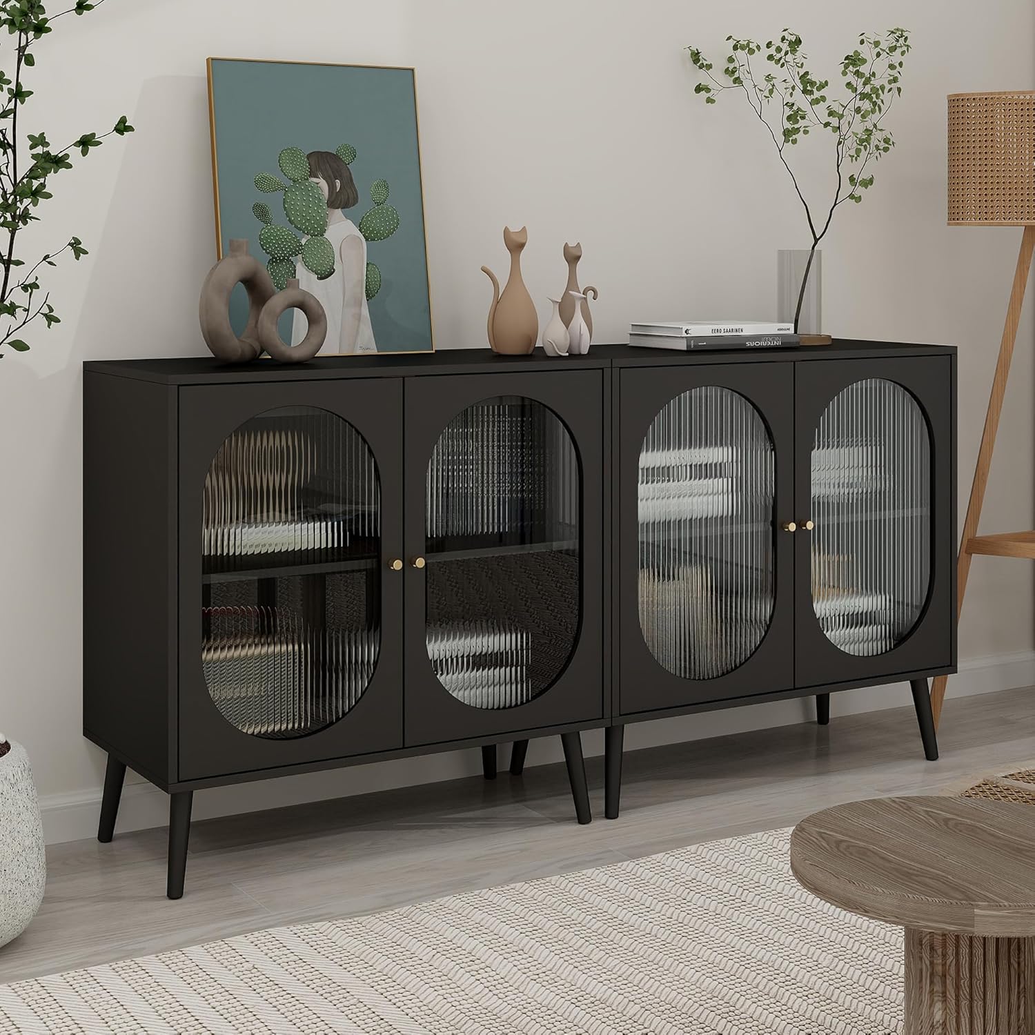 PHOYAL Aparador de buffet, armario de almacenamiento moderno con 2 puertas y estantes ajustables para cocina, sala de estar, pasillo, color negro