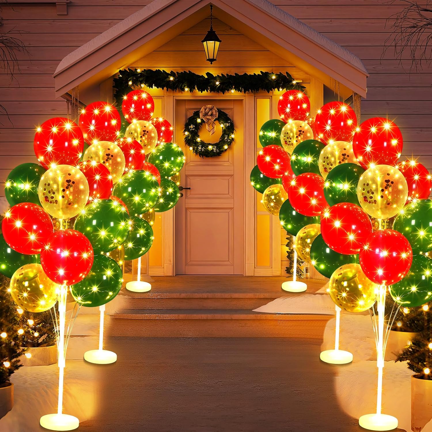 Juego de 6 soportes de globos de Navidad para suelo con cuerdas de luz, dorados, rojos, verdes, centros de mesa, kit de columna de globos para