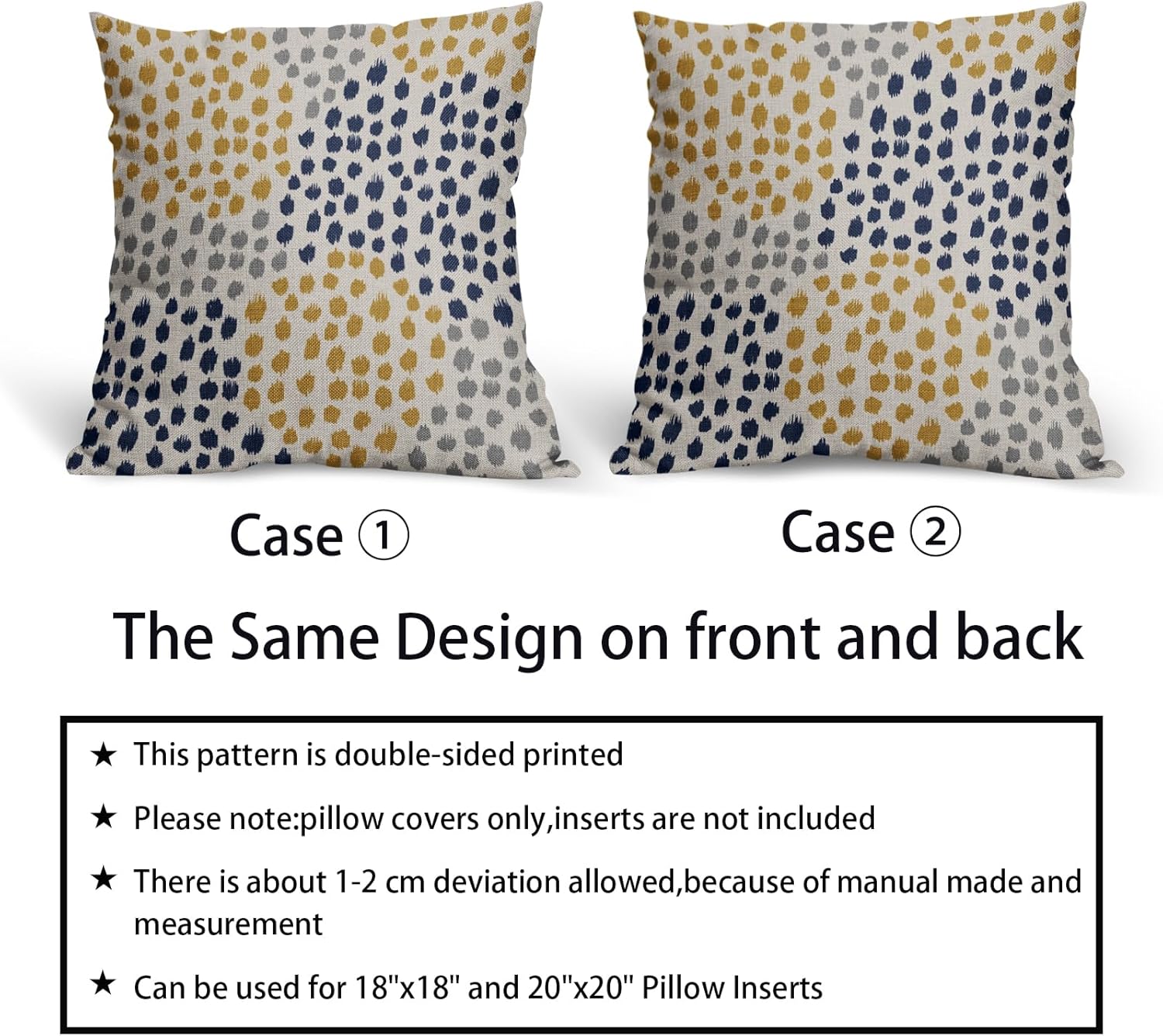 Juego de 2 fundas de almohada azules y amarillas de 18 x 18 pulgadas, diseño bohemio, diseño de lunares grises, arte moderno, estampado moderno,