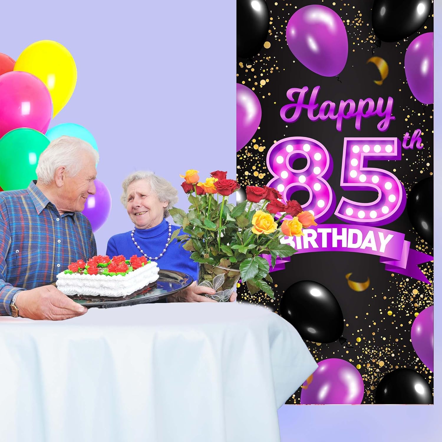 Cartel de feliz cumpleaños 85 morado y negro, decoración temática de globos de confeti de 85 años para mujeres, decoraciones de fiesta de cumpleaños