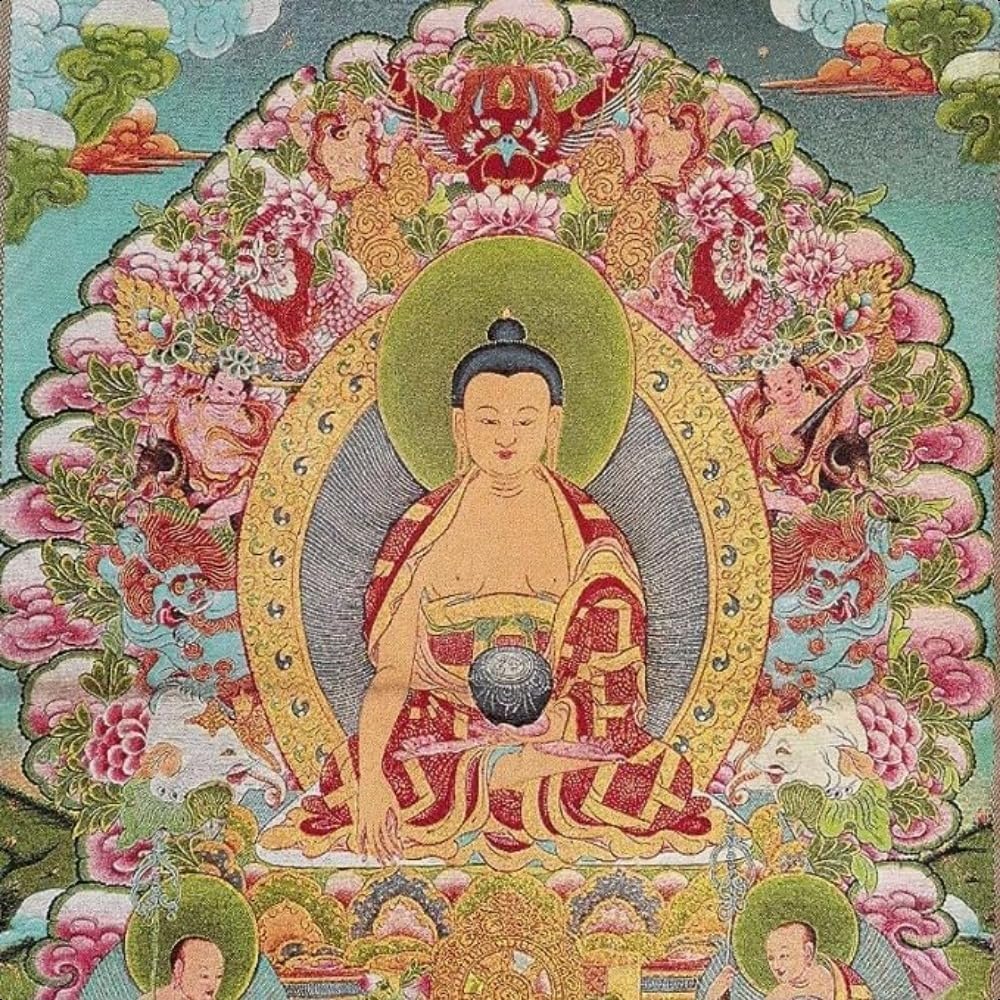 Bordado de seda tibetano Thangka budismo Sakyamuni Buddha Tangka Yoga Budista Tapiz colgante de pared Arte de pared Decoración del hogar Tapiz
