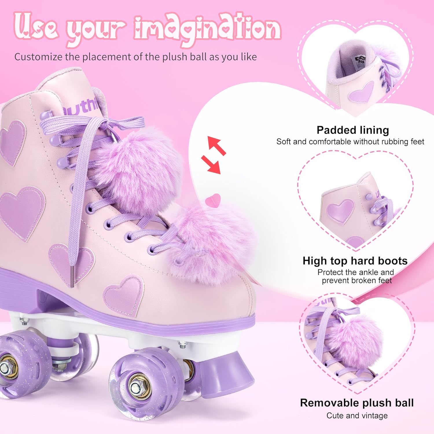 Patines clásicos para mujeres y niñas con ruedas iluminadas y patrón de corazón de amor, patines de piel sintética de alta calidad