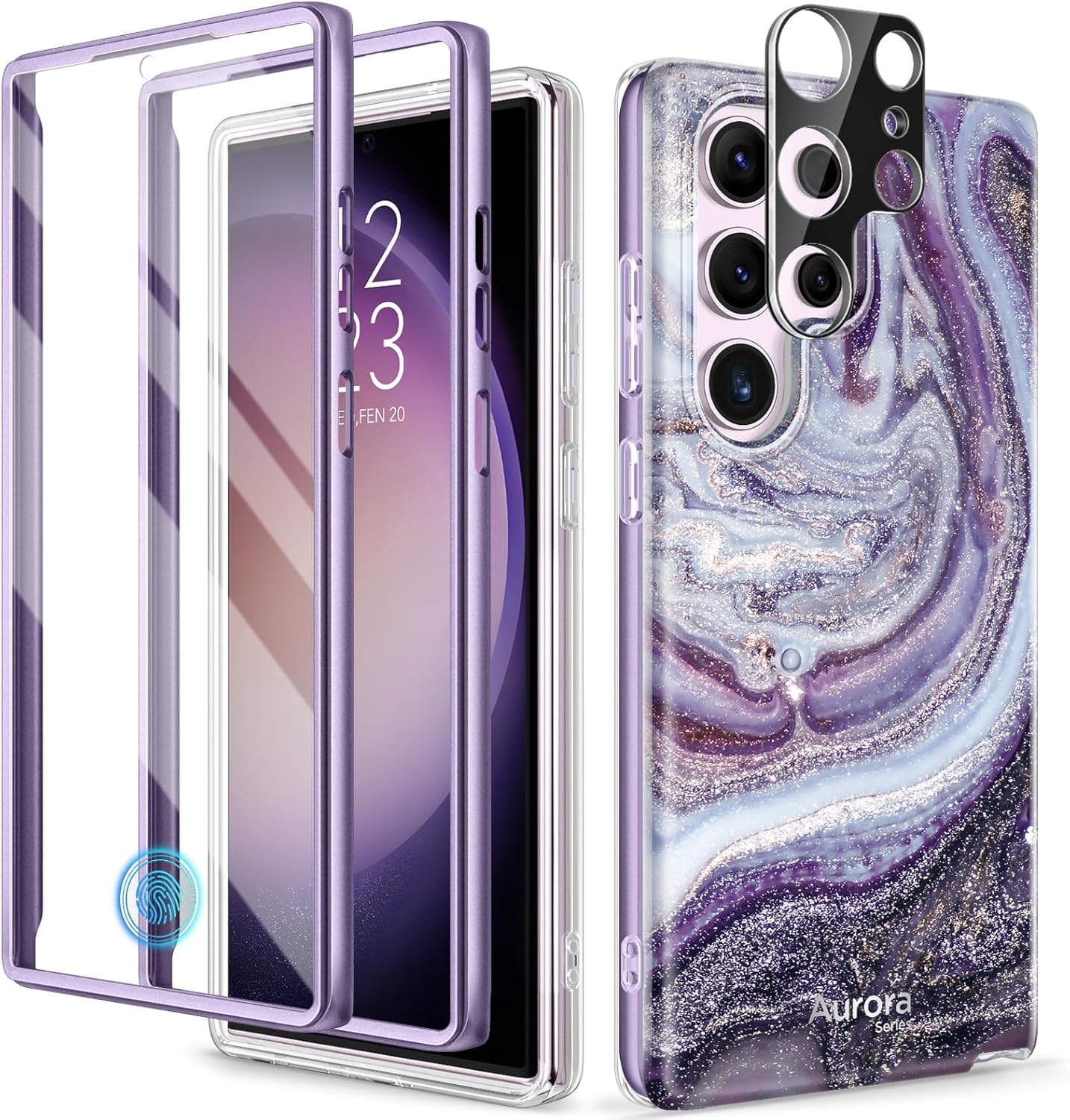 GVIEWIN Funda para Samsung Galaxy S23 Ultra 5G de 6.8 pulgadas, protector de pantalla integrado + protector de lente de cámara 2 marcos frontales de