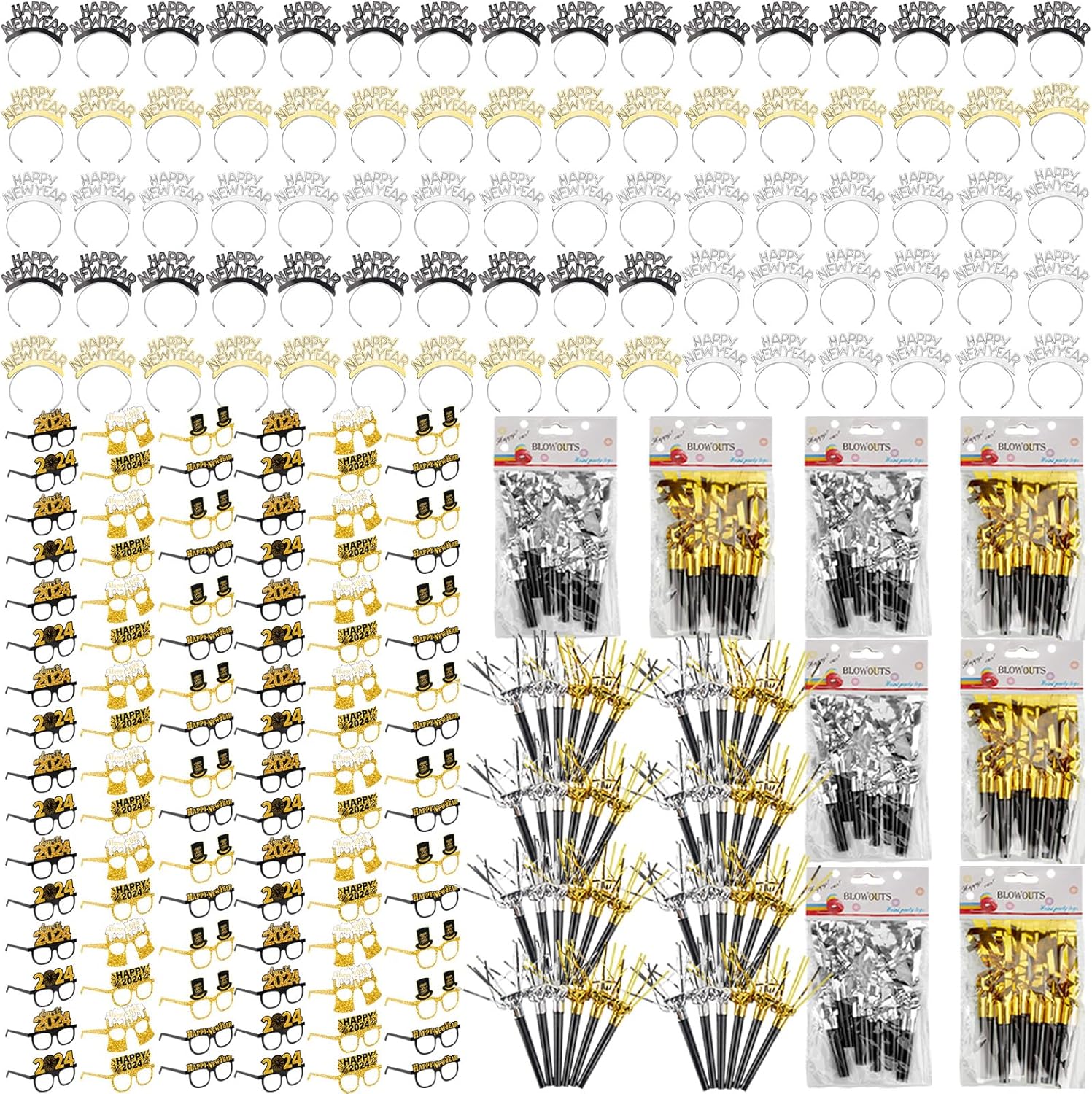 Gemscream 144 piezas 2024 suministros para fiesta de Año Nuevo, incluye 48 diademas de Año Nuevo, 48 gafas de Año Nuevo, 48 vasos largos y cortos