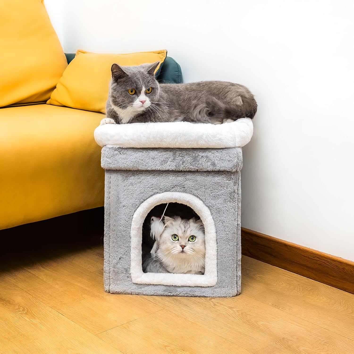 Cama para gatos de interior, cama grande cubierta para gatos, otomana grande cubierta para gatos, para mascotas, dormir, jugar, escalar y