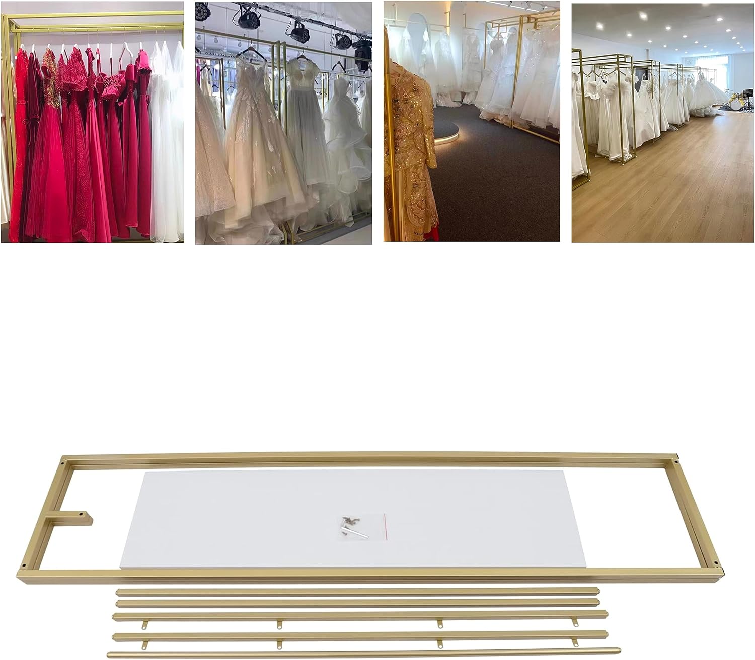 Percheros dorados de 67 pulgadas para boutiques, estante para vestidos de novia al por menor, estante de ropa comercial resistente, estantes de