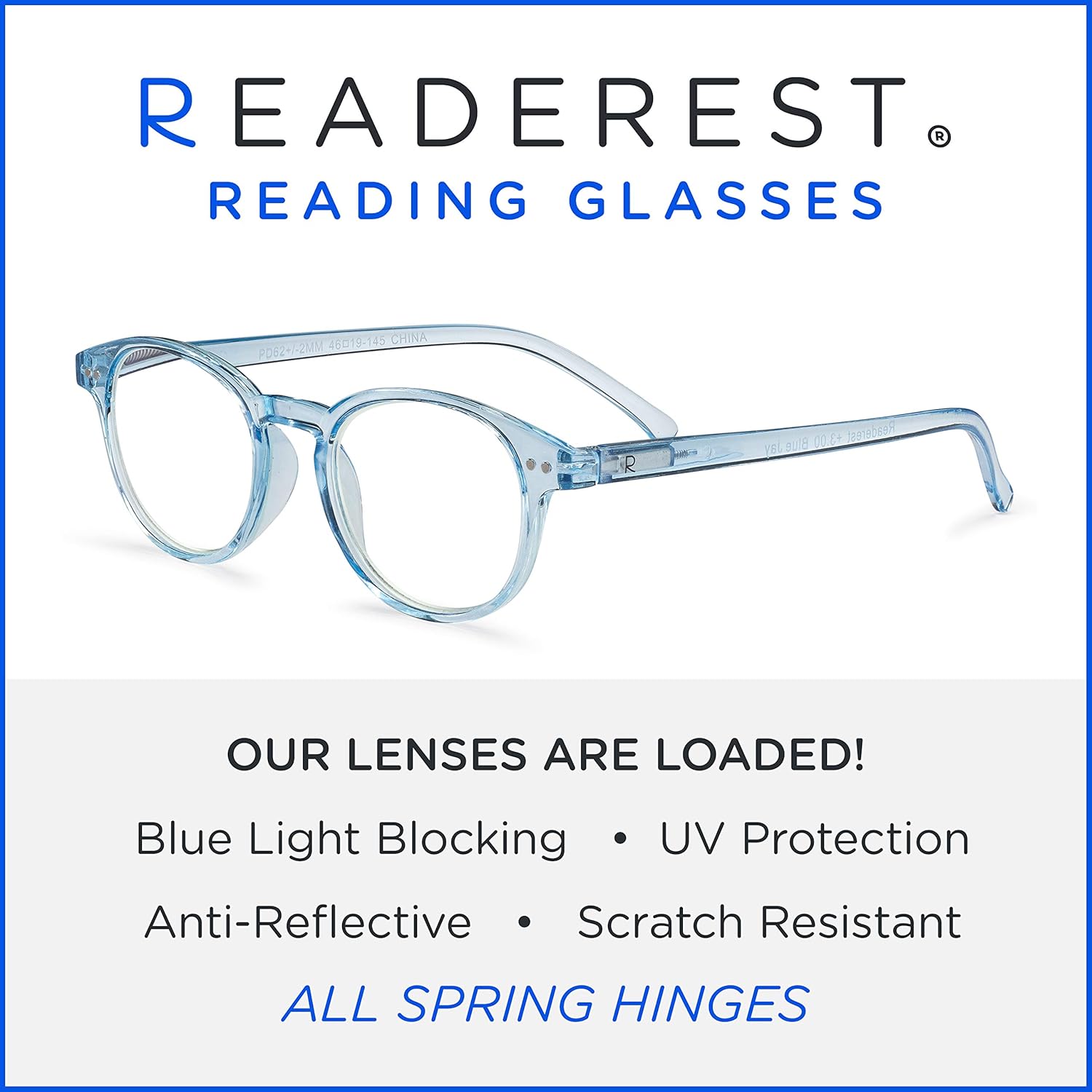 Readerest Lentes de lectura con bloqueo de luz azul (azul claro, aumento de 2.50), anteojos para computadora con lente reflectante fina,