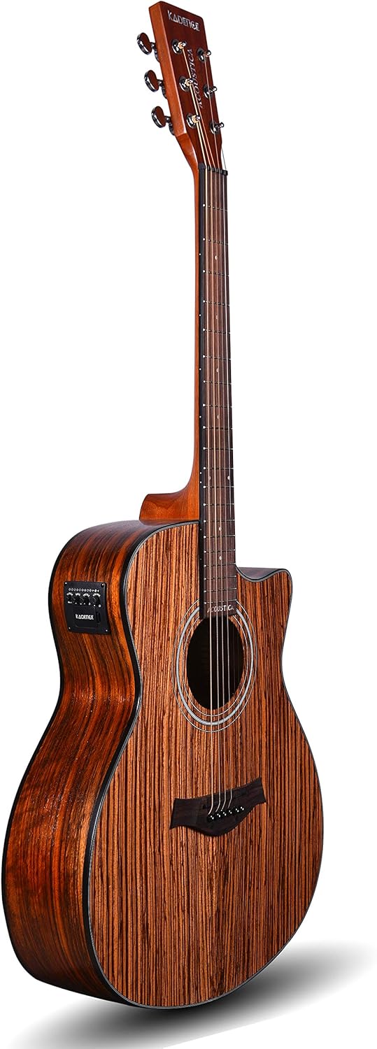Kadence Acoustica Series – Guitarra electroacústica de madera (madera de cebra)  Guitarra electroacústica con pastilla, afinador integrado y bolsa