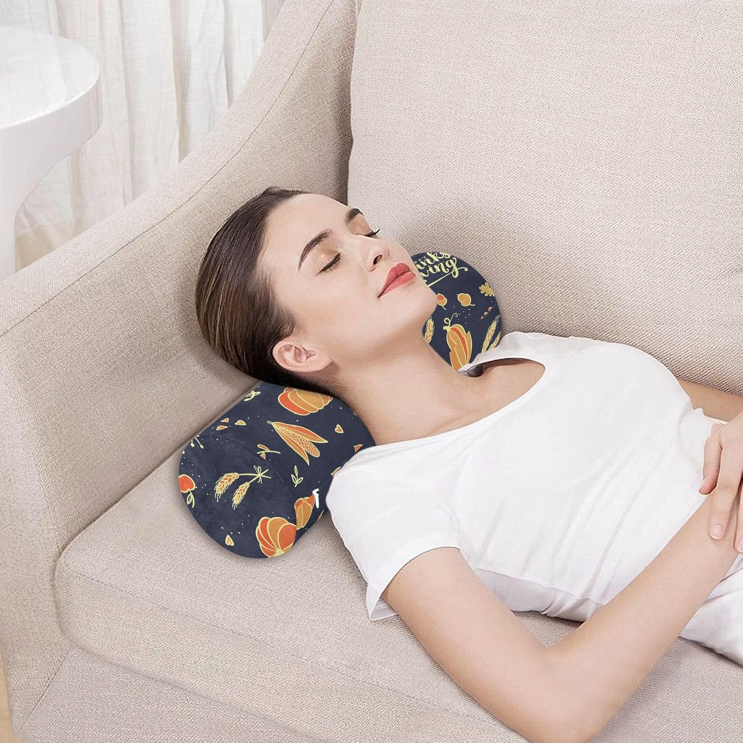 KLL Happy Autumn and Thanks Giving Yoga Bolster Pillow Neck Roll Pillows for Pain Relief Sofa Round Pillows Long Cylinder Pillow Neck Support