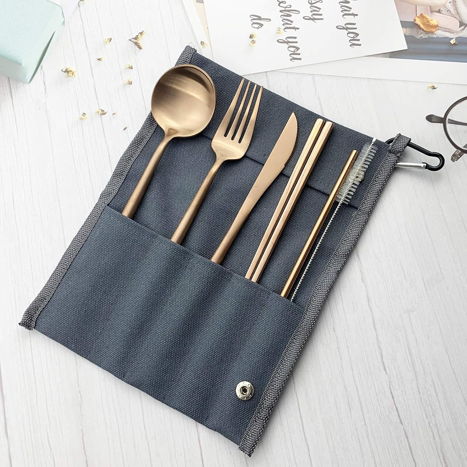 JASHII Utensilios de campamento reutilizables de acero inoxidable con bolsa, juego de cubiertos de viaje de 7 piezas con cuchillo de pajilla,