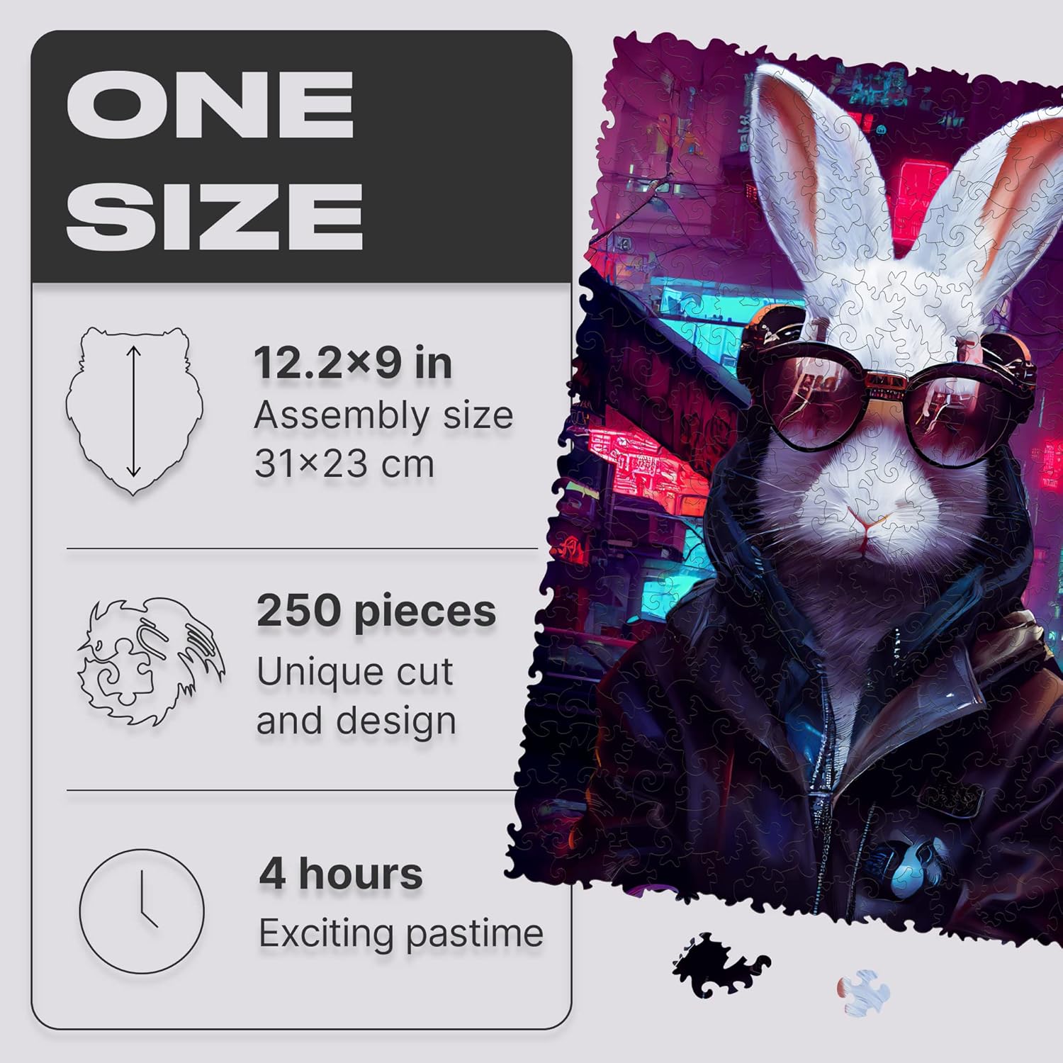 UNIDRAGON Rompecabezas de madera originales  Pop Art Cyber Rabbit, 250 piezas, 12.6 x 9 pulgadas, hermoso paquete de regalo, forma única, el mejor