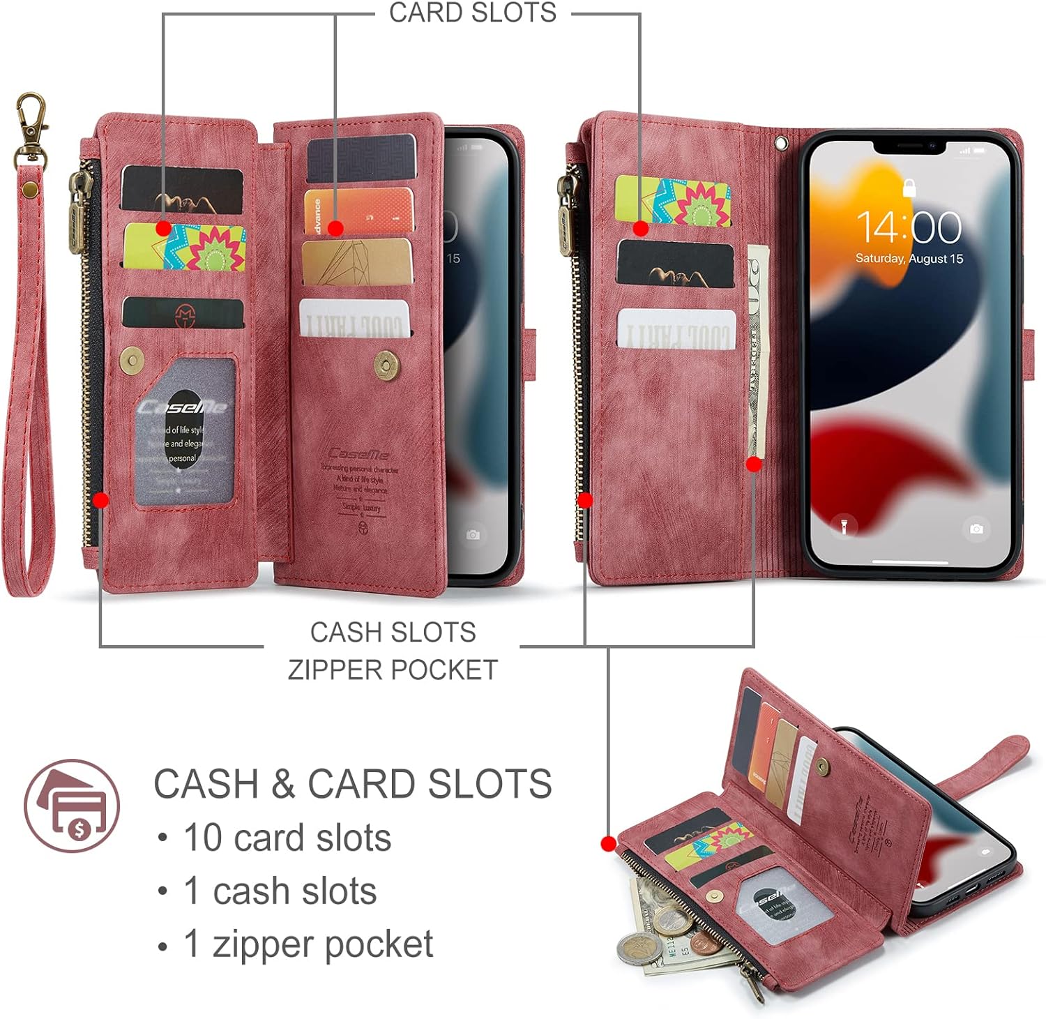 Funda tipo cartera para iPhone 13 Pro Max 5G con soporte para tarjetas, soporte magnético con cremallera, bolsillo y correa de muñeca, funda de