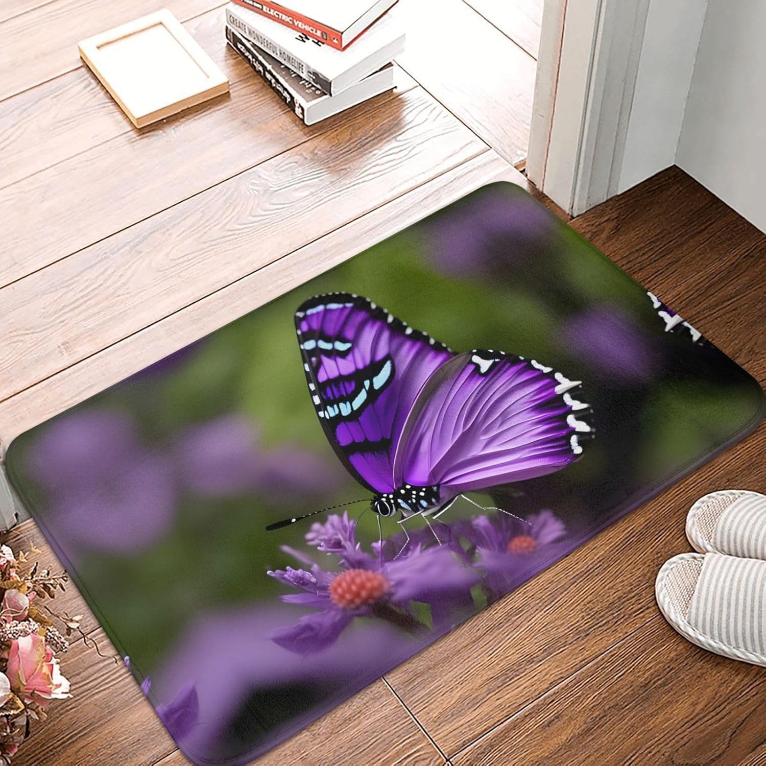 Tapete de puerta con diseño de mariposa morada para puerta exterior, fácil de limpiar, tapete de patio, 16 x 24 pulgadas