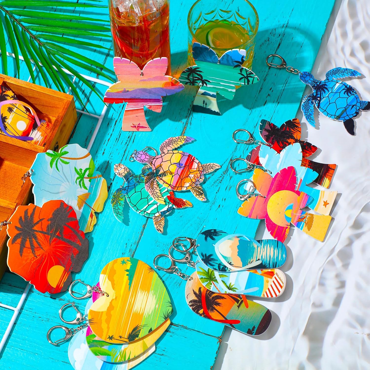 Bucherry Juego de 36 llaveros para regalos de playa, juego de regalo de madera a granel para tabla de surf, tortuga marina, cocotero, llaveros de la