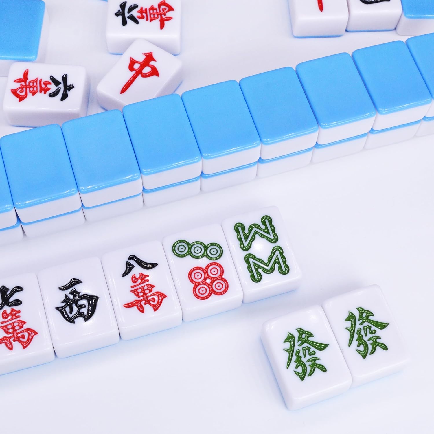 drizzle Juego de mahjong de 1.181 in azul  144 azulejos de tamaño mediano con bolsa de panda y bastidores  Juego de mesa tradicional chino  Fiesta