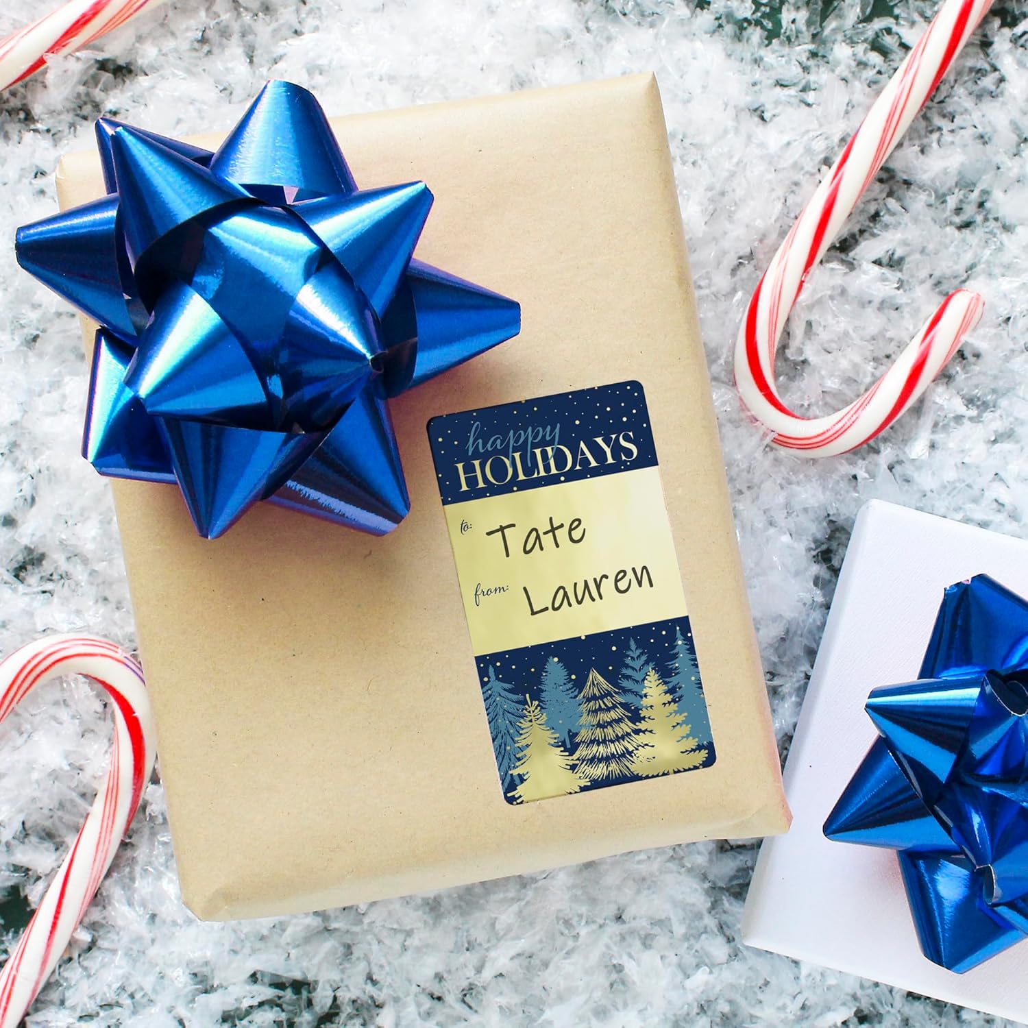 Etiquetas de regalo de Navidad azules y doradas, 75 unidades, etiquetas de papel de aluminio dorado para envolver regalo