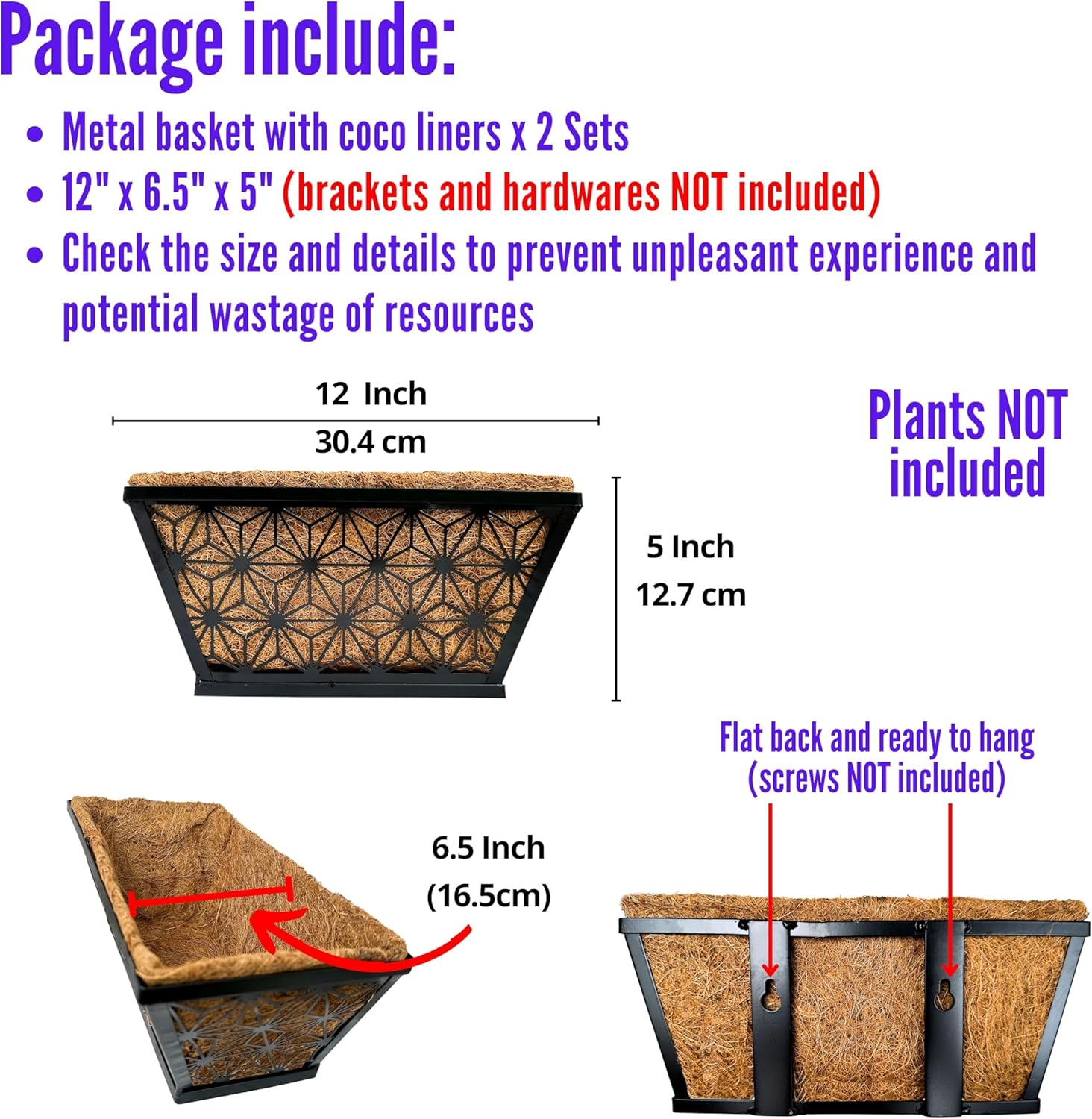 LaLaGreen – Macetas de ventana para plantas de exterior (paquete de 2, 12 pulgadas), macetas rectangulares pequeñas y lindas de metal negro con