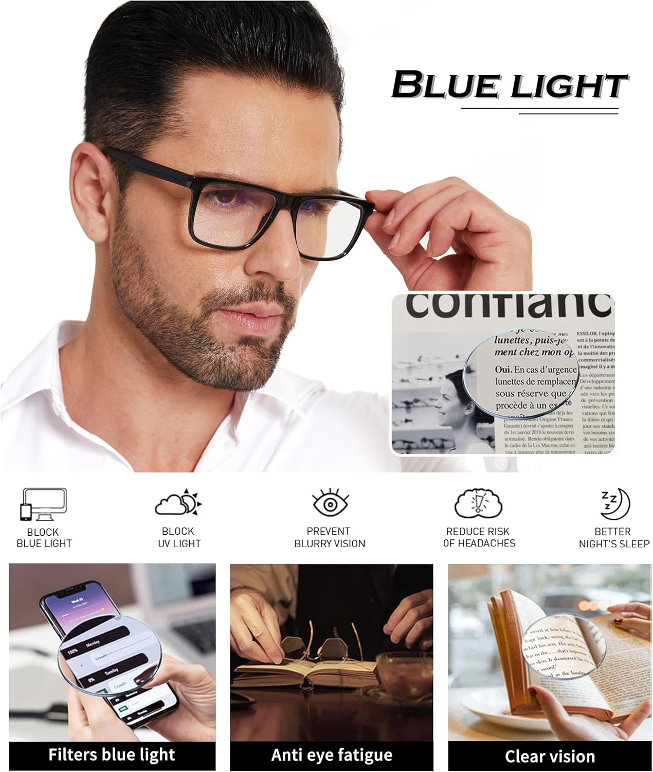 JM Paquete de 3 lentes de lectura con bloqueo de luz azul para hombres y mujeres, lectores rectangulares de computadora, anteojos antifatiga ocular