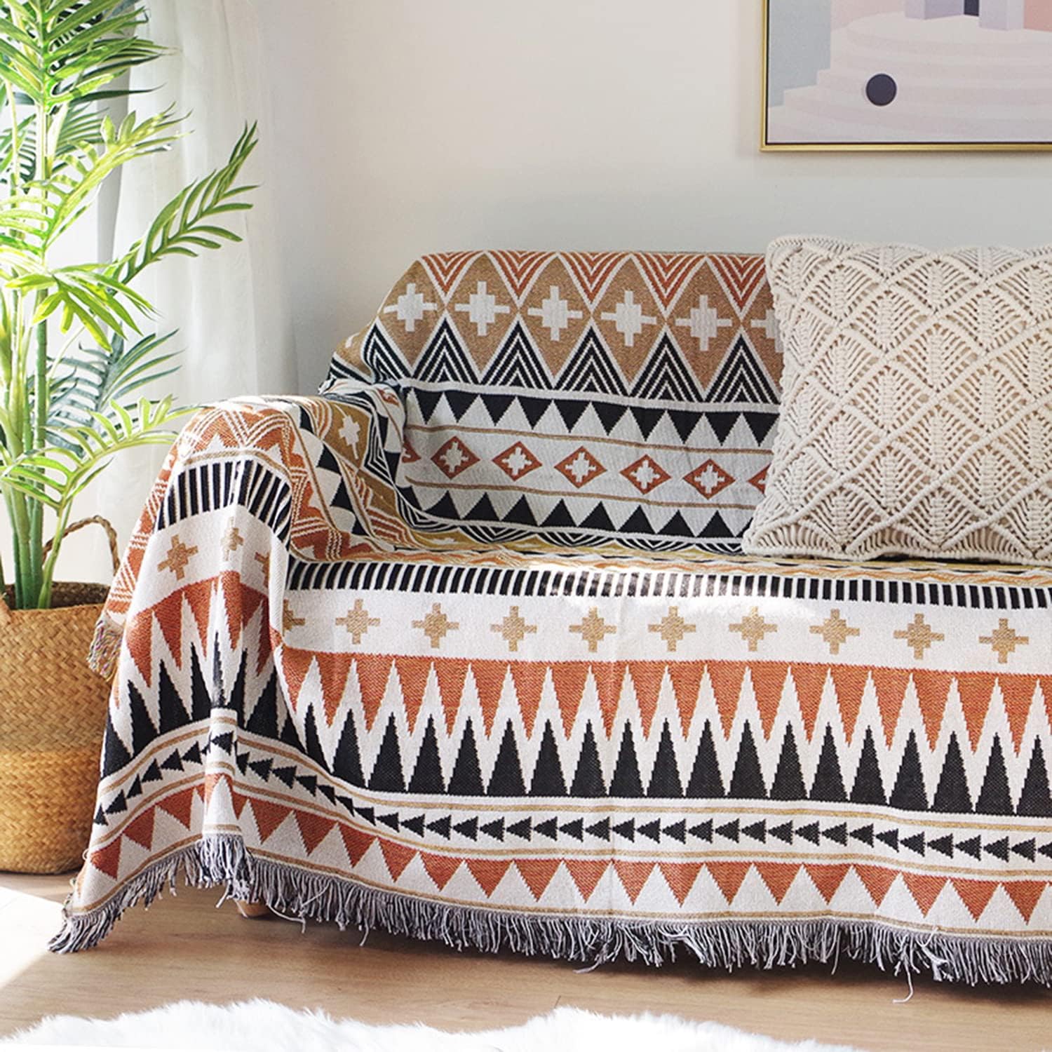 Luxlovery Manta bohemia para sofá, tejida étnica, estilo granja, bohemio, para sofá, color negro, blanco y naranja, multicolor, azteca, manta de