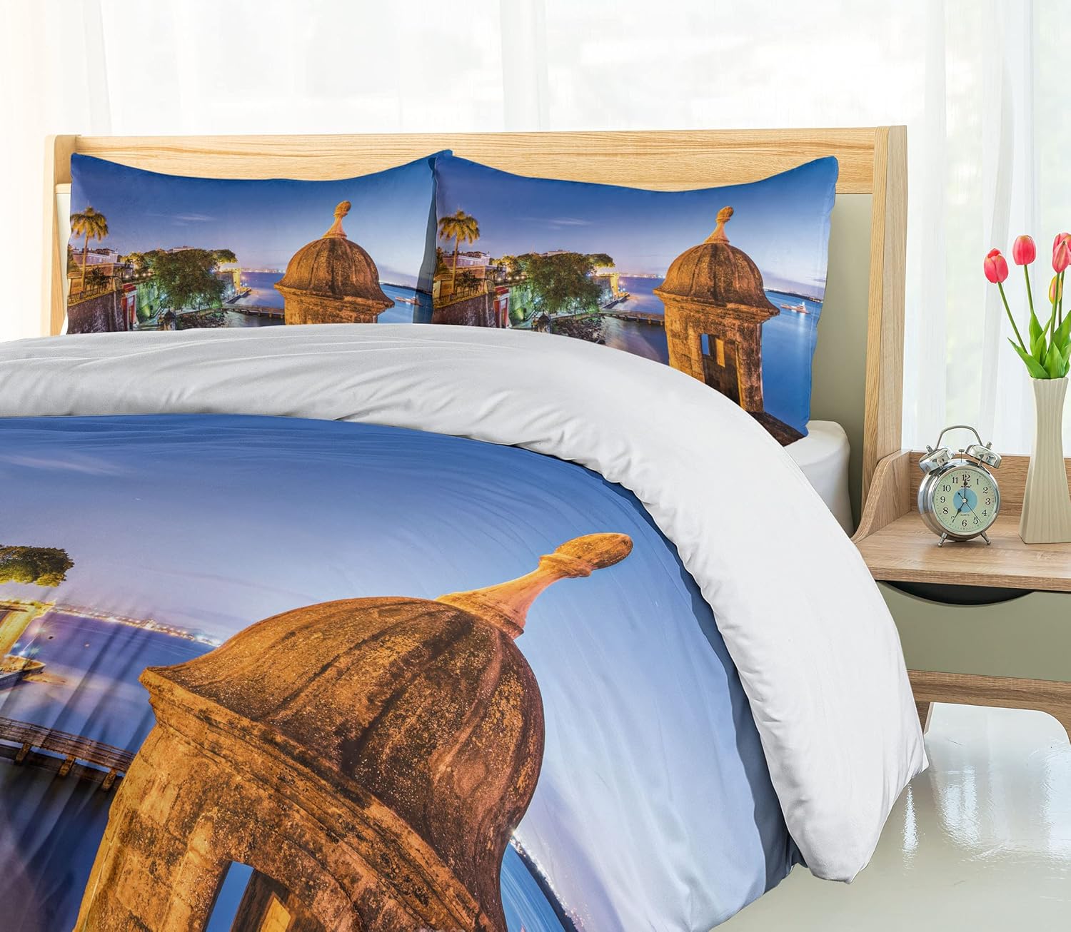 Lunarable Puerto Rico Duvet Cover Set, Coast at Paseo de la Princesa Retro Style Architectural Elements Photography, Decorative 3 Piece Bedding Set
