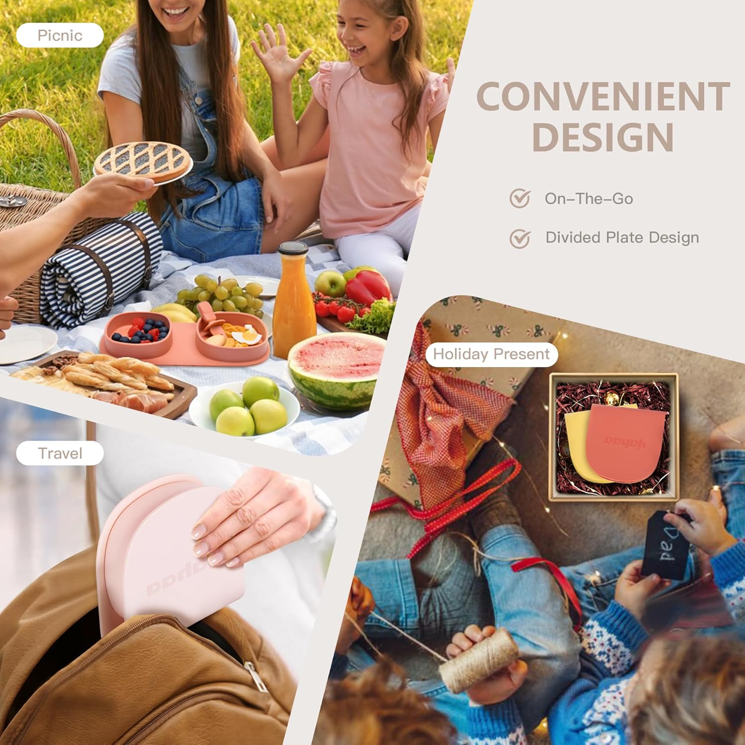 Plato plegable de silicona para bebés, plato antideslizante de agarre dividido 2 en 1, juego de alimentación para entrenamiento de autoalimentación