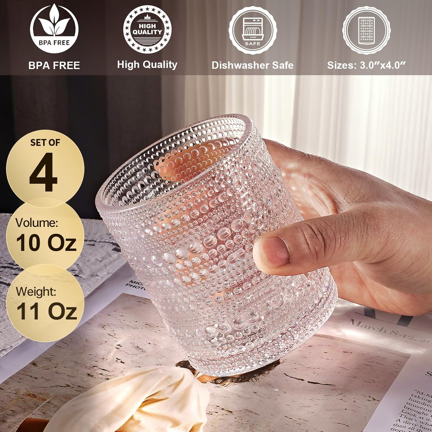 Hobnail – Juego de 4 vasos de cristal de moda antigua de 10 onzas, juego de 4 vasos de jugo de agua, cóctel, juego de cristalería vintage, regalo