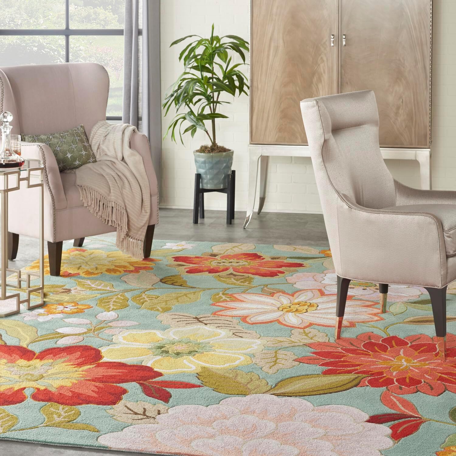 Nourison Fantasy Aqua – Alfombra de área de 8 x 10 pies 6 pulgadas, moderna, floral, para dormitorio, sala de estar, comedor, cocina, fácil