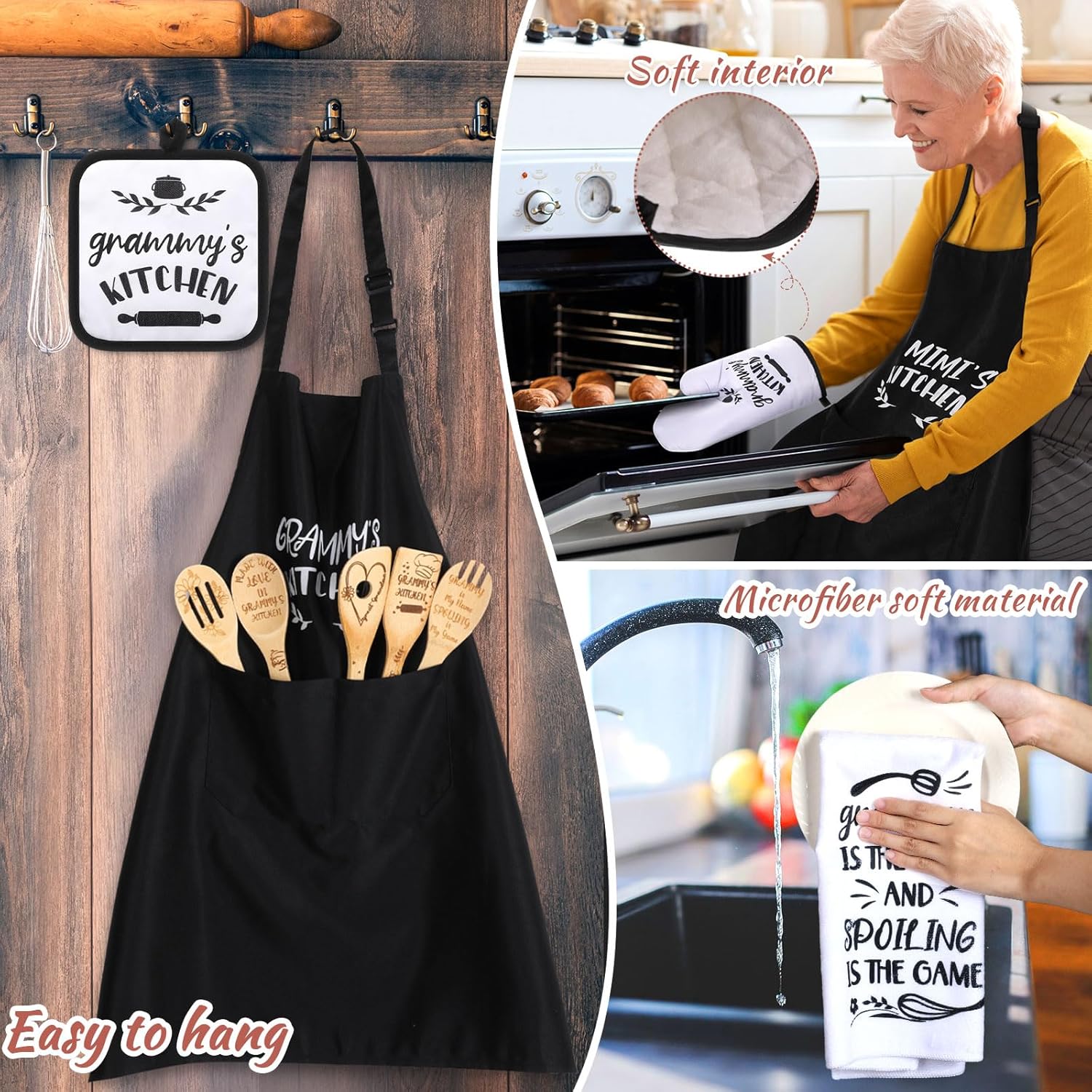 Juego de 10 piezas de regalo de cocina Mimi que incluye delantal de cocina de algodón, manoplas de horno, soporte para ollas de bambú, espátula de